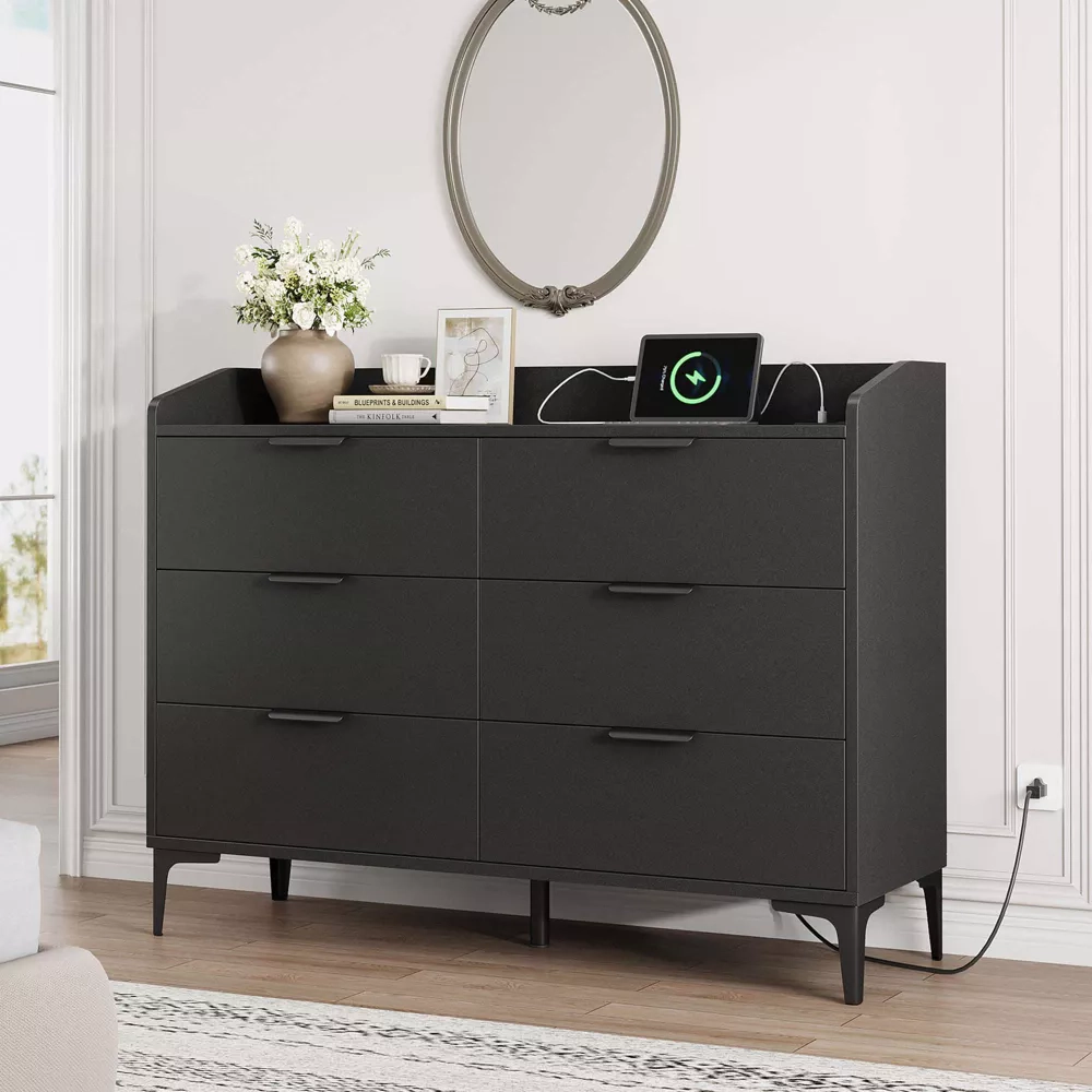 6 Drawer Dresser with Power Outlets & USB Ports, 47.2" Wide Modern Wooden Storage Chest for Bedroom