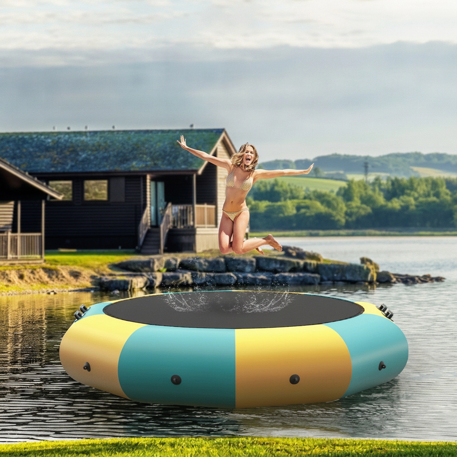 12-ft Inflatable Water Trampoline Lake Floating Bouncer Electric Inflator Rope Ladder Anchor 330-lb Ages 14+ Yellow