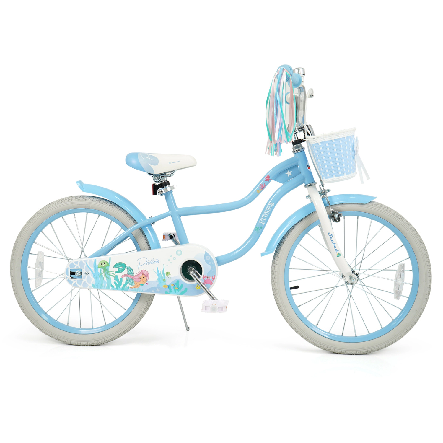 LJG 12 - Kids Bike Adjustable with Basket and Streamers Blue Princess of the Sea Theme