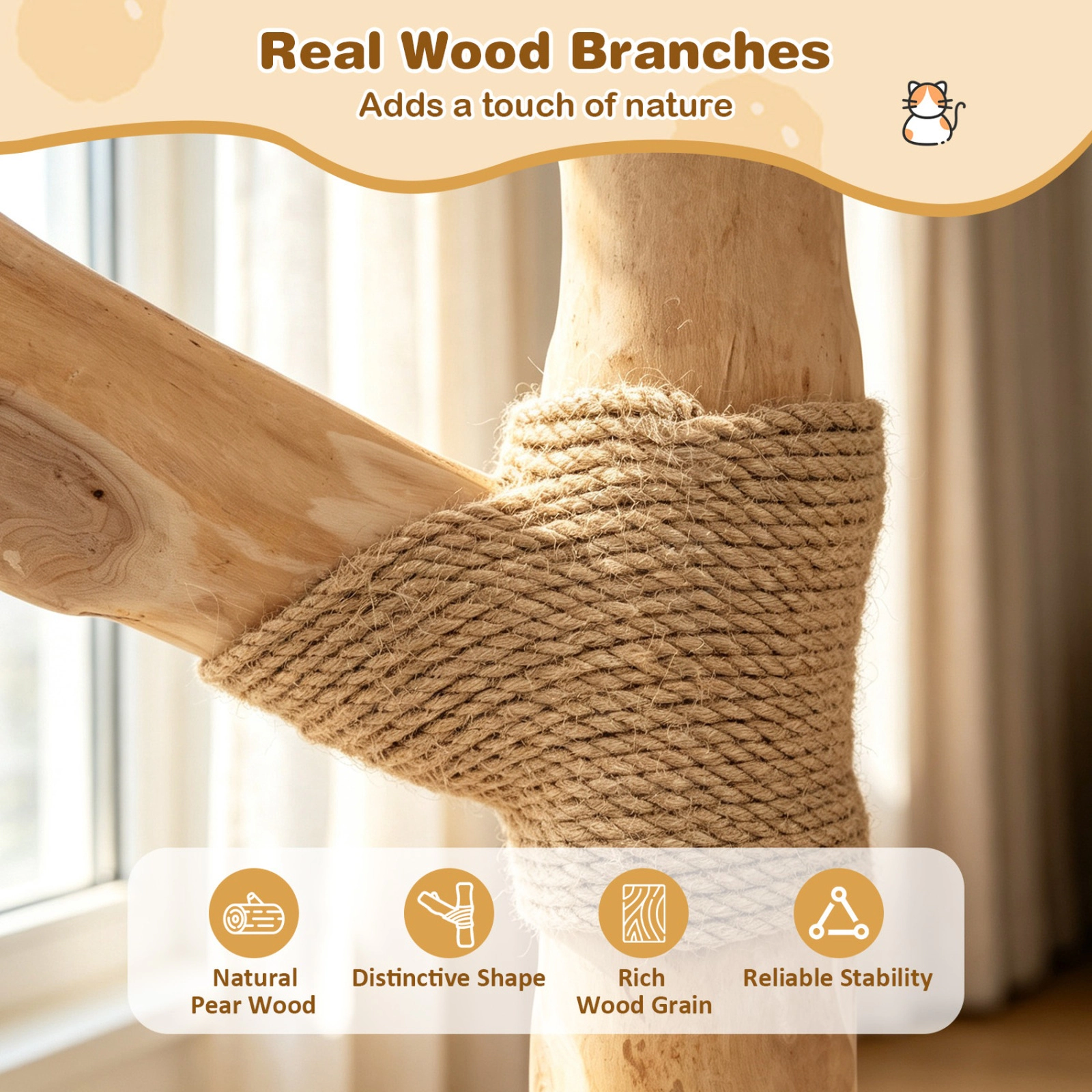 SUGIFT Multi-Level 41-in Tall Modern Cat Tree Tower Real Pear Wood Branches Scratching Posts 22-lb Capacity Indoor Beige