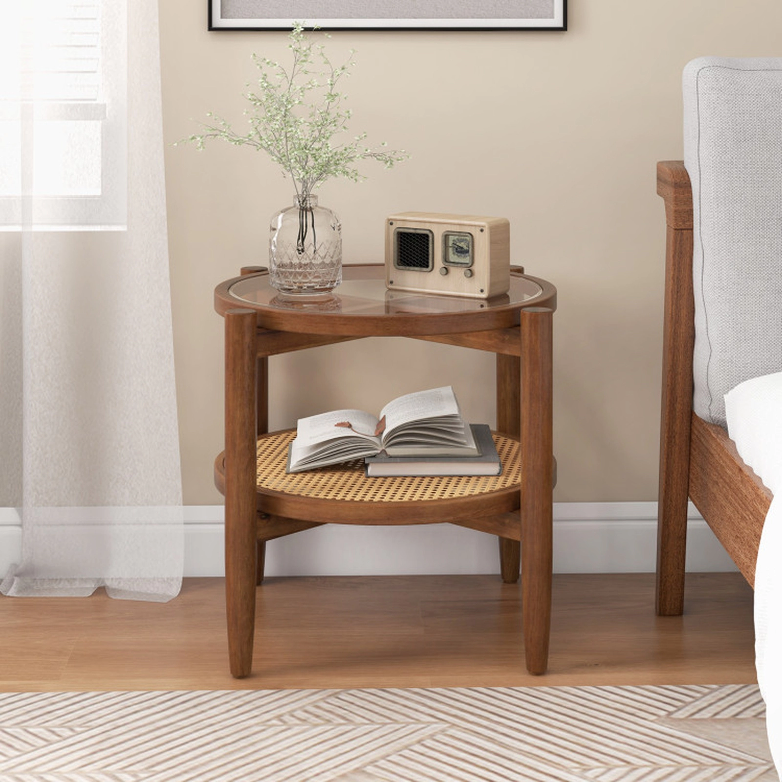SUGIFT Tempered Glass Top and Woven Rattan Lower Shelf Walnut Round Side Table