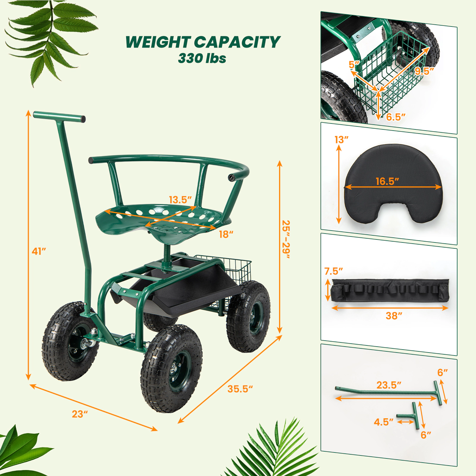 SUGIFT Green 330-lb Capacity Rolling Garden Cart with 360-Degree Swivel Seat Tool Tray and Basket