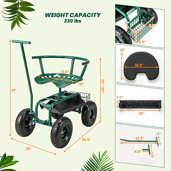 SUGIFT Green 330-lb Capacity Rolling Garden Cart with 360-Degree Swivel Seat Tool Tray and Basket