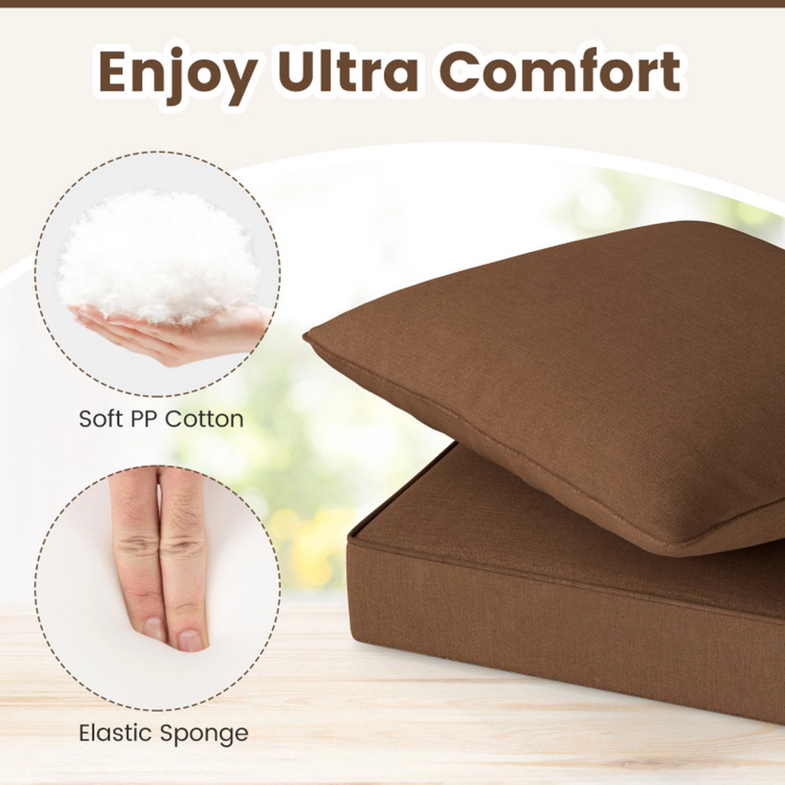 SUGIFT Deep Seat Chair Cushion Pads Set with Rope Belts for Indoor and Outdoor Brown