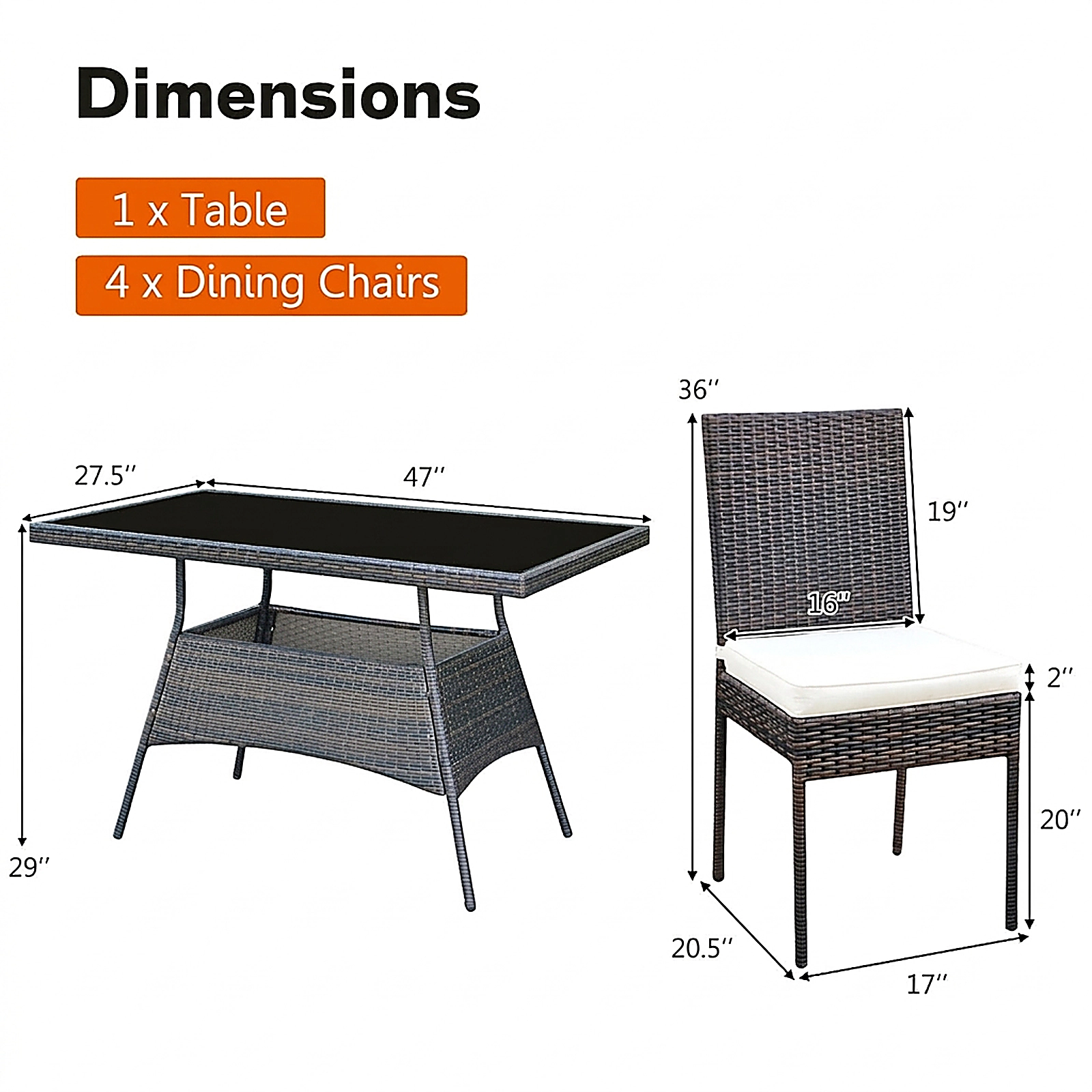 SUGIFT 5-Piece Outdoor Rattan Dining Set, Tempered Glass Table and 4 Cushioned High-Back Chairs