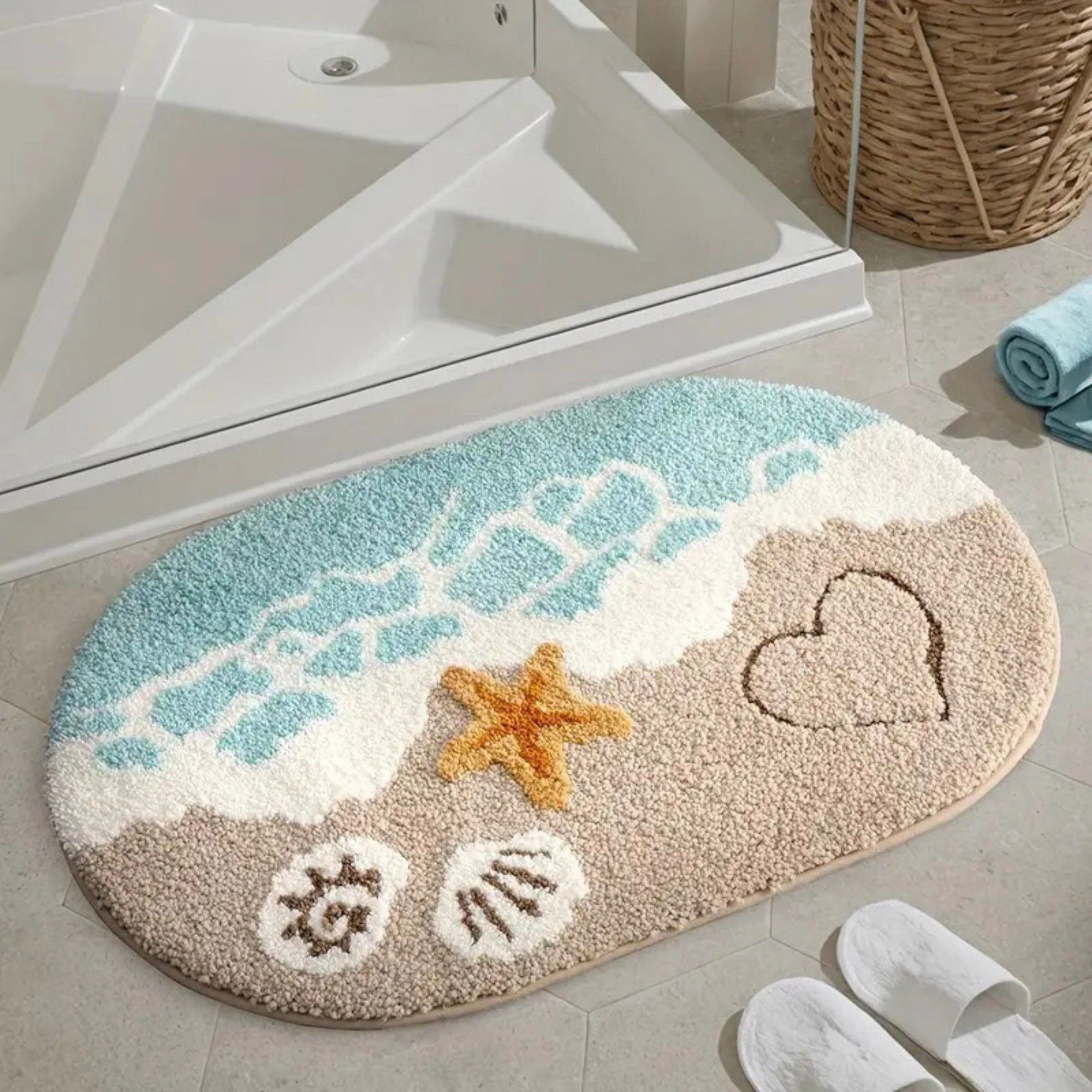Alilang Unisex Beach Inspired Tufted Bathroom Bath Mats Set with Seashell Starfish Pattern Soft Plh Texture 2 Piece Set