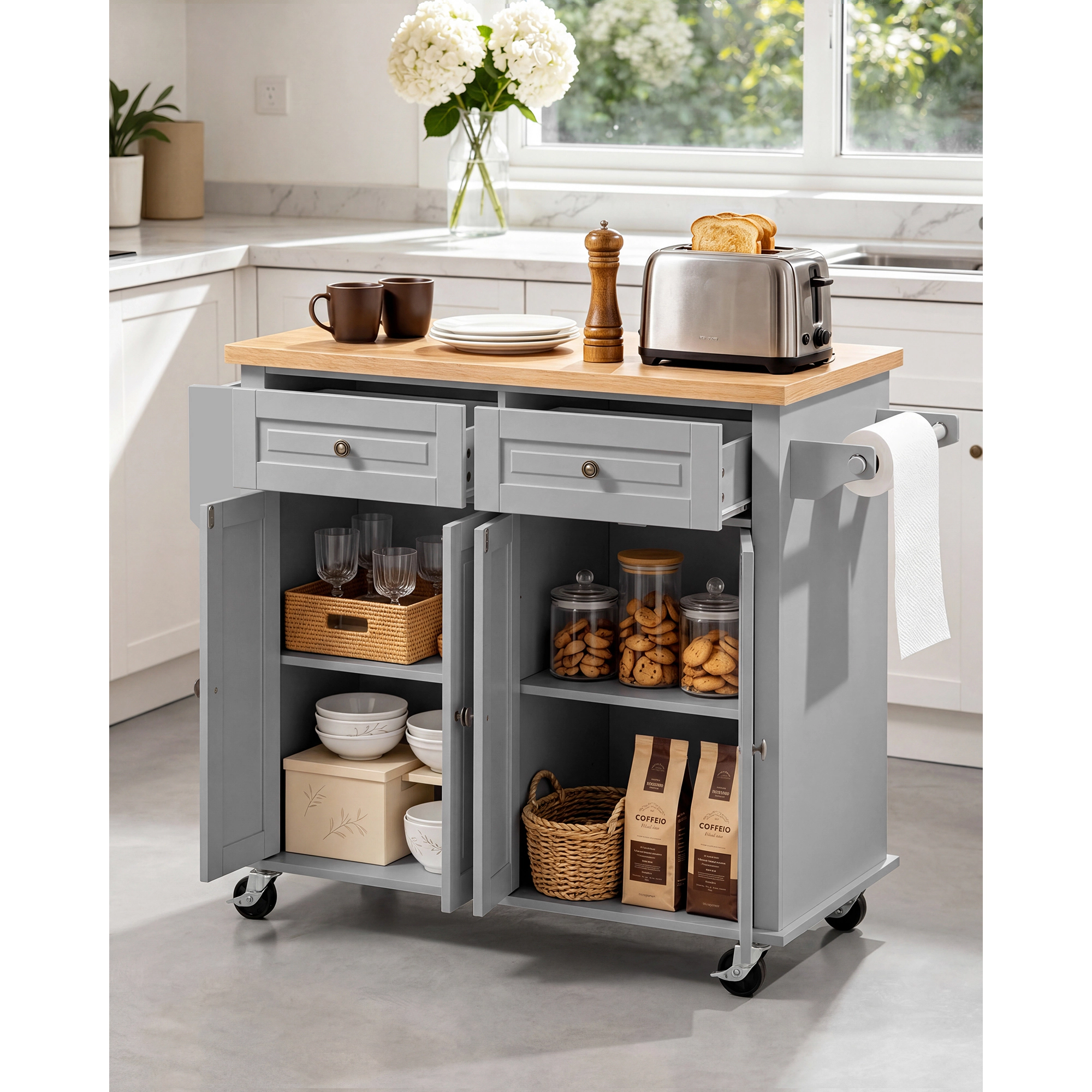 HONGGE Kitchen Island Cart with Storage 43.7 Wide Mobile Rolling on Swivel Wheels 2 Drawers