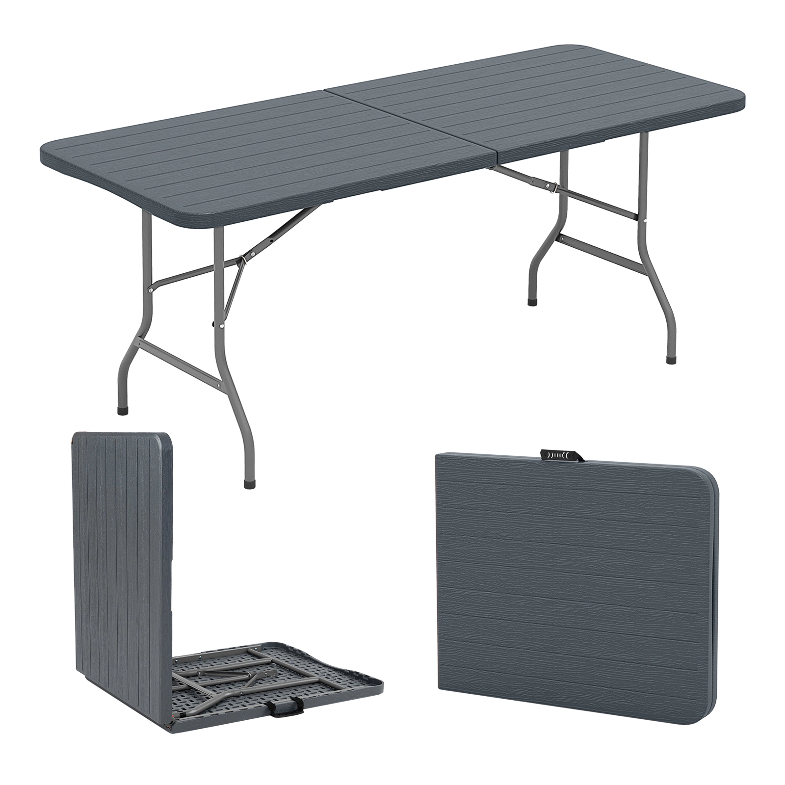 SUGIFT 6-Ft Wood Grain HDPE Folding Table with Safe Lock Mechanism 350-lb Capacity 71 x 29 x 29.5 in Brown/Gray
