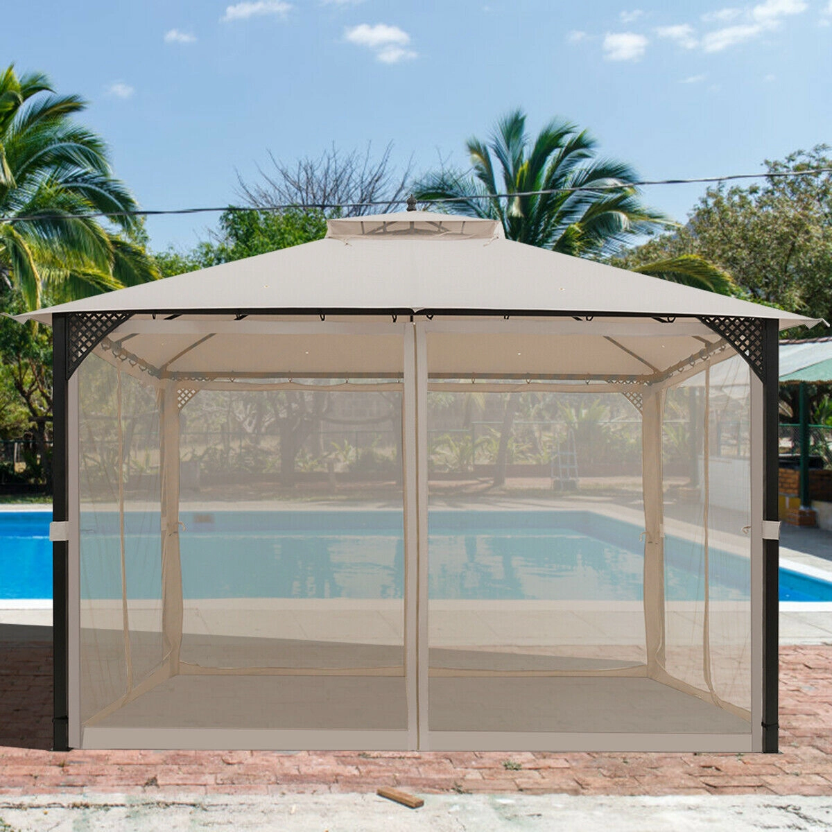 SUGIFT Beige Steel Frame and 8 Ground Stakes 12 x 10 ft Outdoor Double Top Patio Gazebo