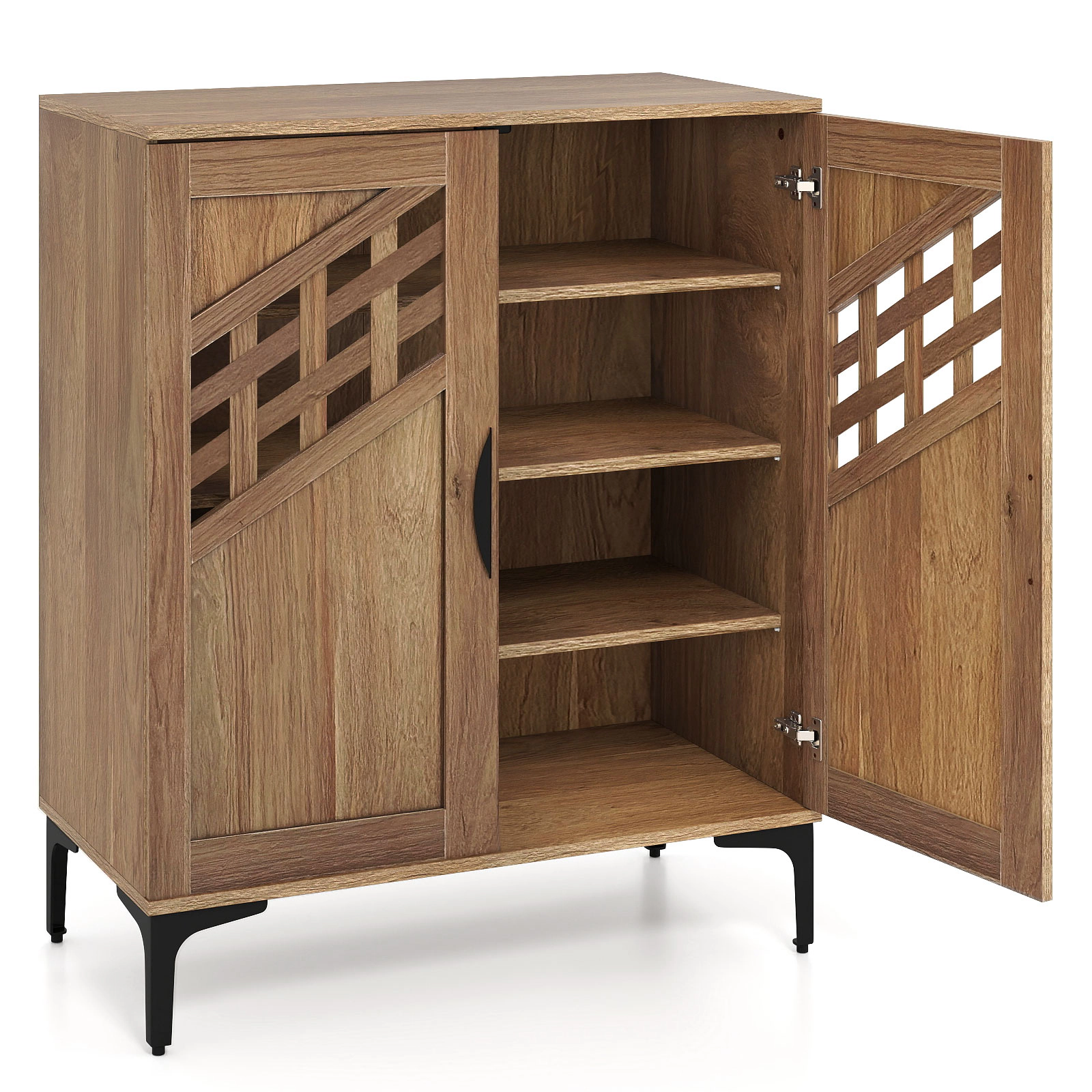 SUGIFT 4 Tier Farmhouse Shoe Storage Cabinet with Removable Shelves and Metal Legs 180-lb Capacity Walnut