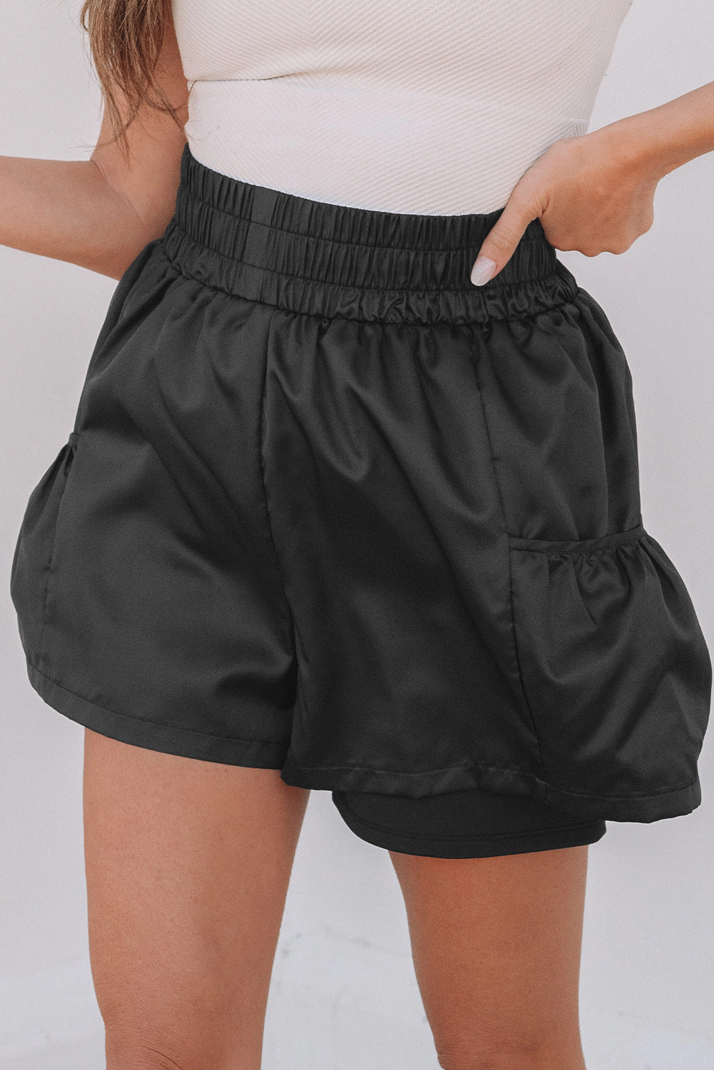 Threaded Pear Women's Maxine Elastic High Waist Pocketed Casual Shorts