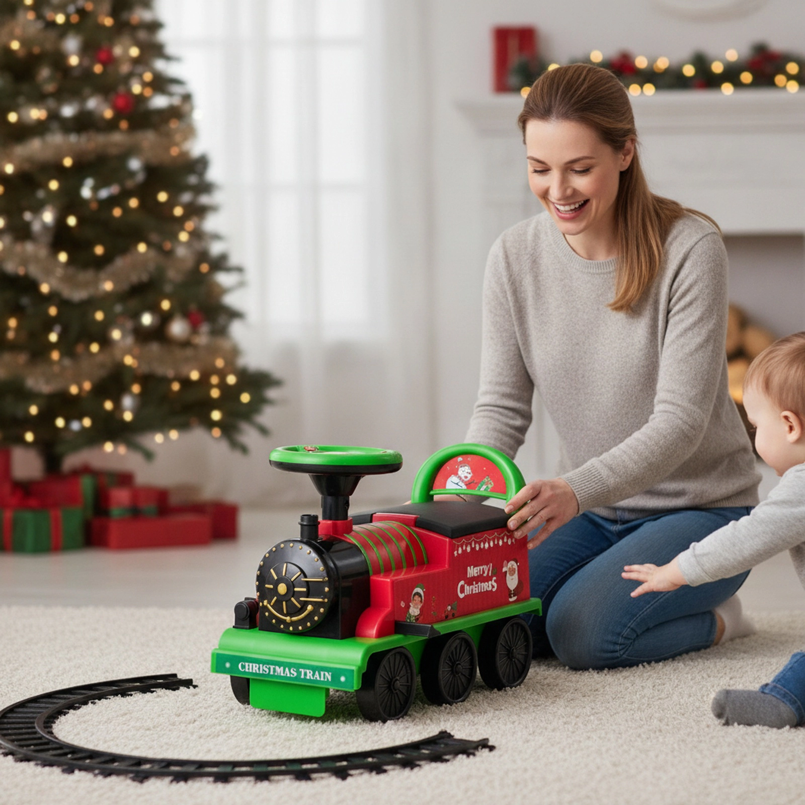 6V Kids Ride On Train with 16-Piece Track Under-Seat Storage and Retractable Footrests for Ages 3+ Electric Ride On Toy