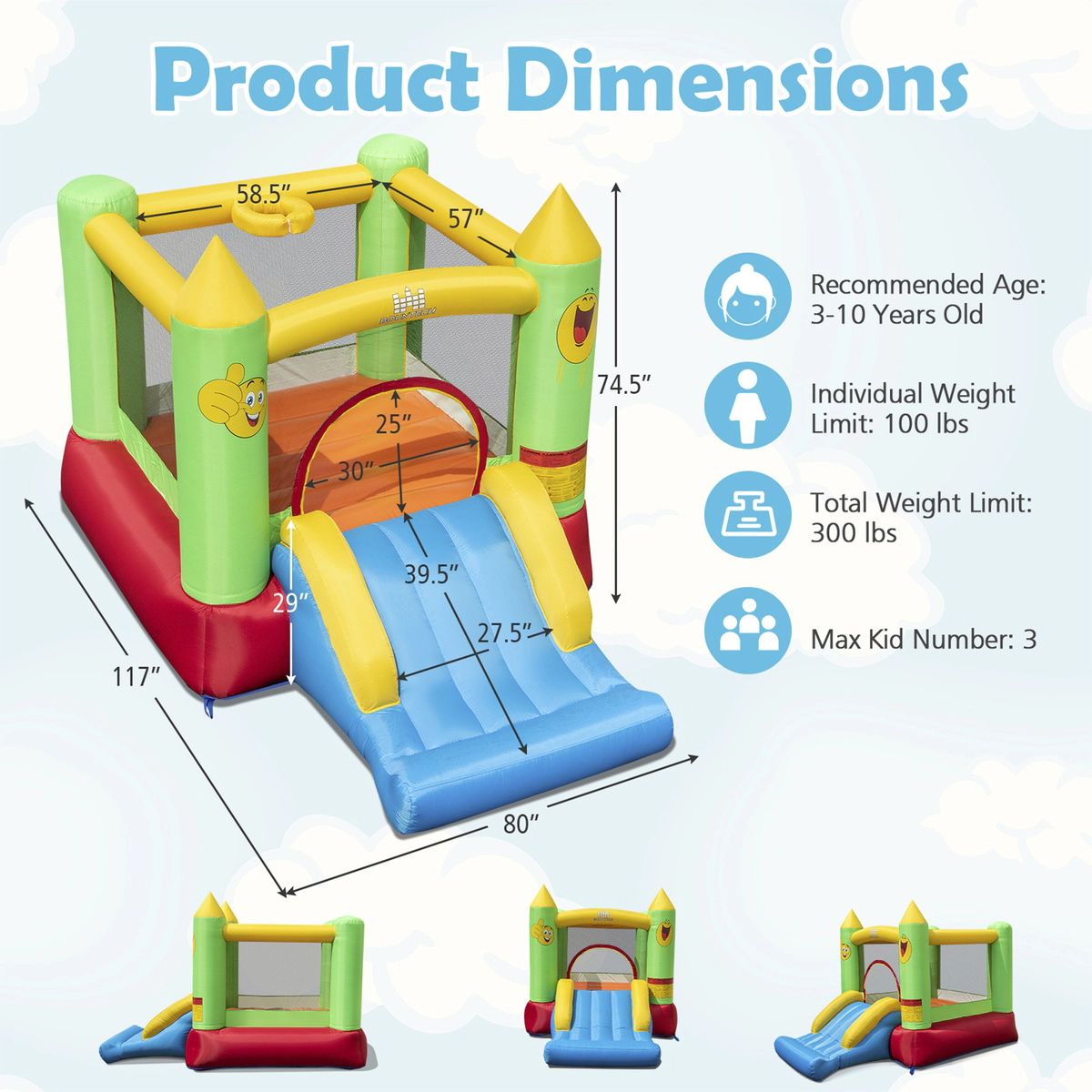 SUGIFT Slide Basketball Hoop and 480W Blower Inflatable Bounce House Kids Bouncer