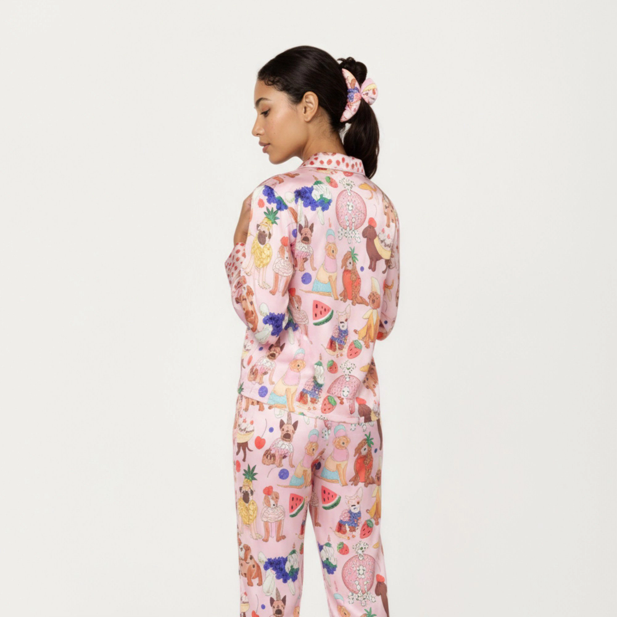 Anna-Kaci Women's 2-Piece Button Front Pajama Set with Playful Dog Print and Soft Silky Fabric for Relaxed Comfort