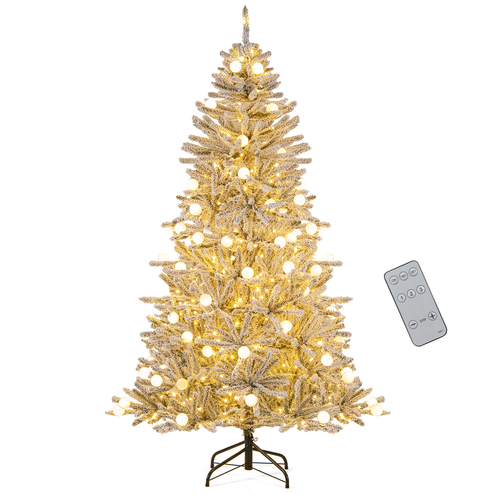 SUGIFT 6-ft Pre-Lit Snow Flocked Hinged Christmas Tree with 250 LEDs and 51 Frosted Sphere Lights and Remote White