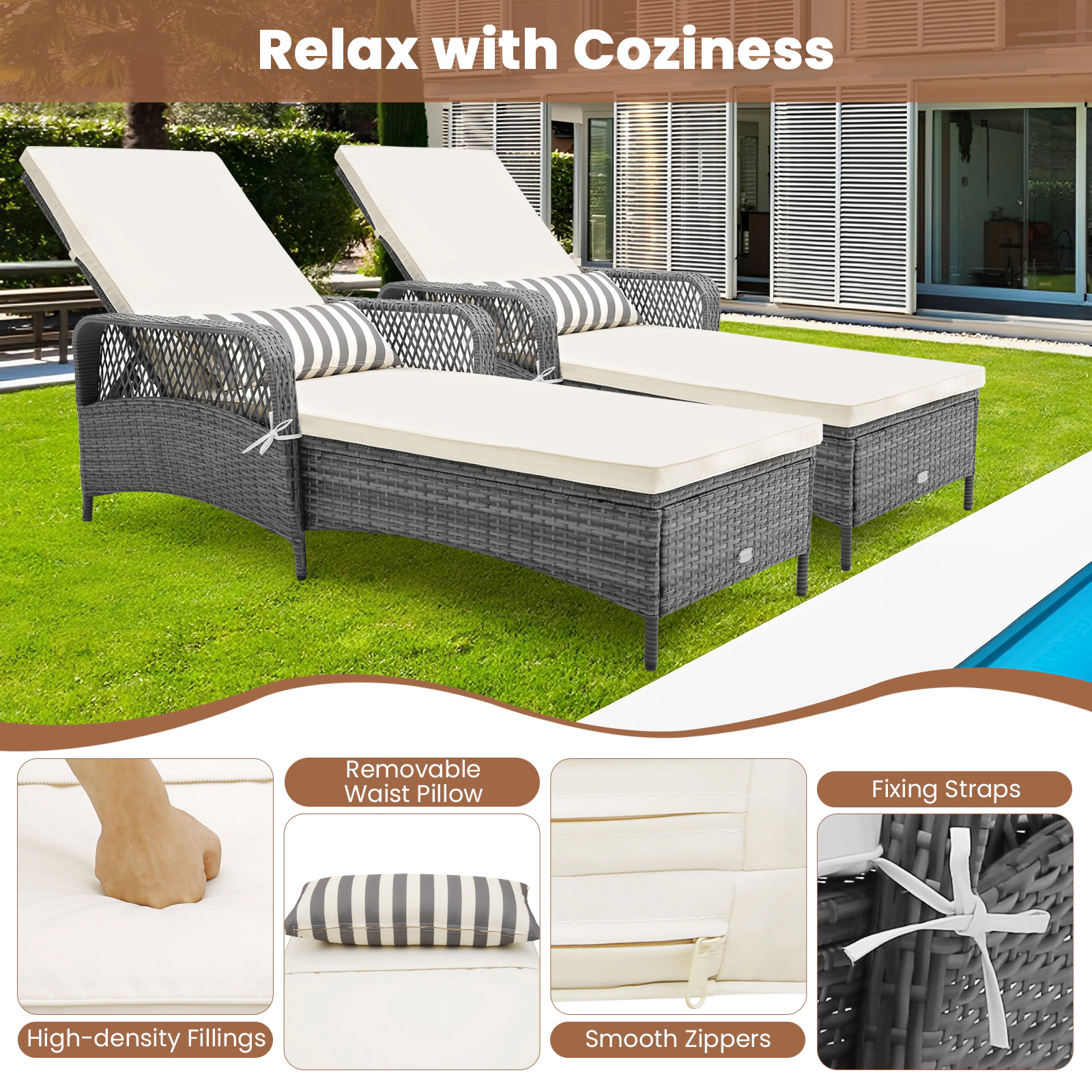 Hivvago Outdoor Chaise Lounge Chair Recliner With 6-Level Backrest Cushion And Pillow