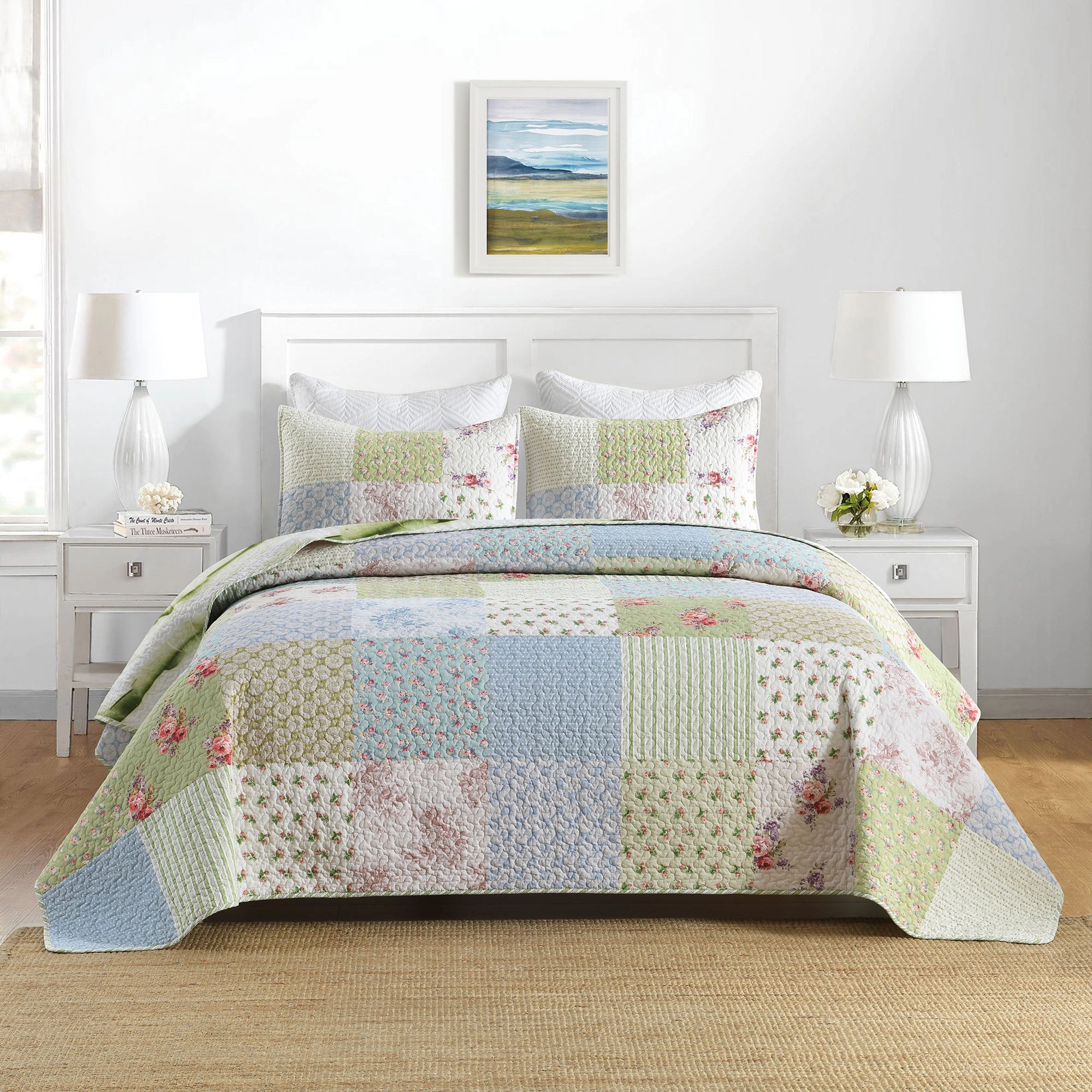 MarCielo 3 Pieces Cottage Floral Quilt Set - Country Style Bedspread Set