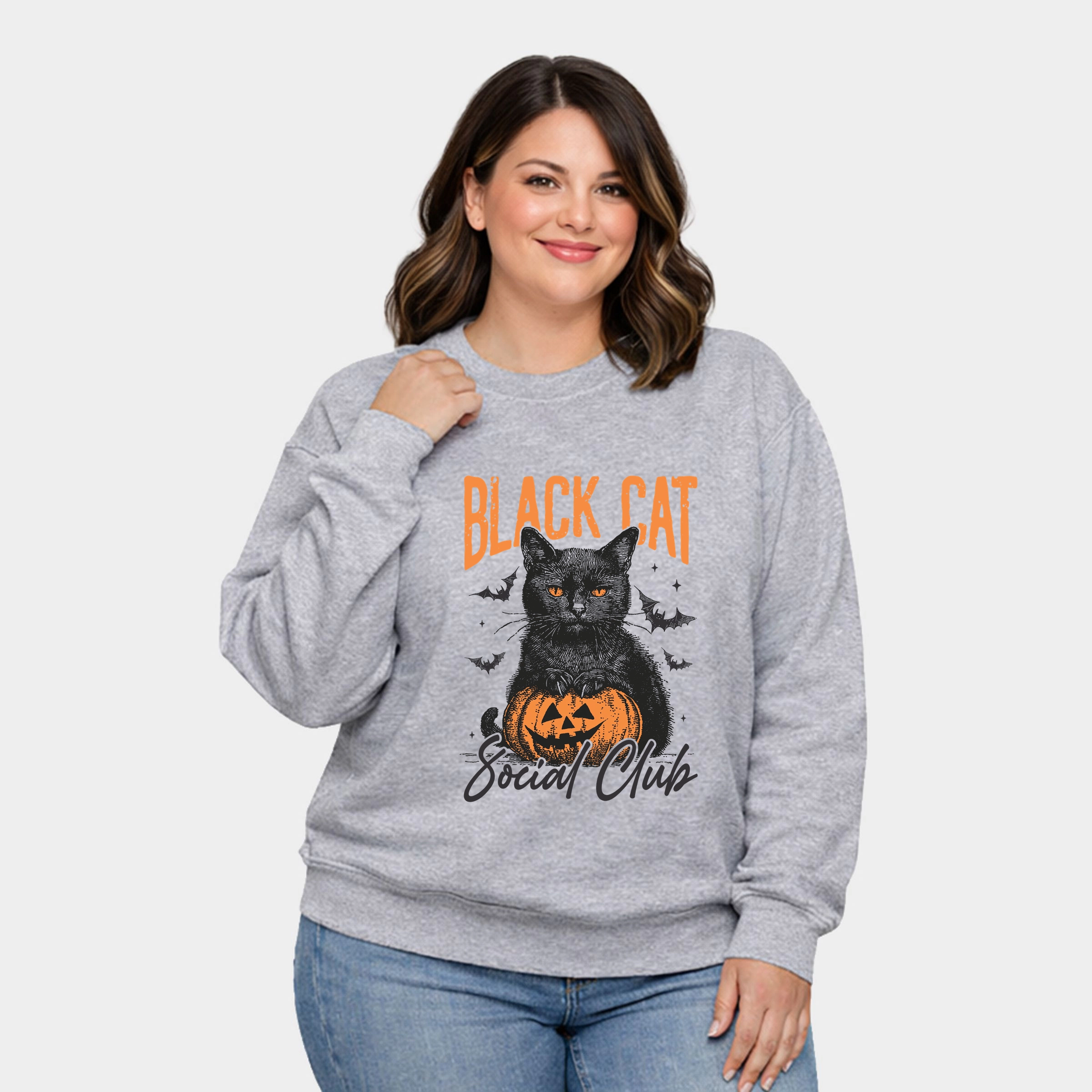 Simply Sage Market - Black Cat Social Club Pumpkin  Women's Plus Sized Graphic Sweatshirt