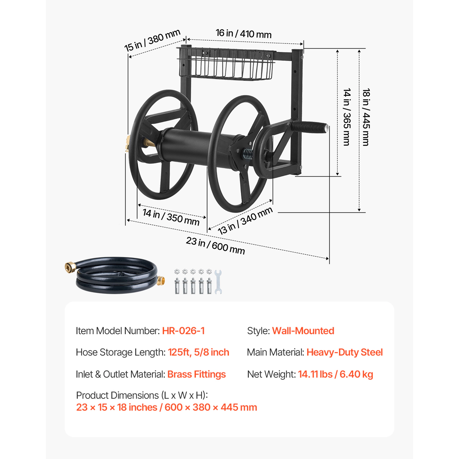 HONGGE Heavy-Duty Wall Mounted Garden Hose Reel Holds 5/8-inch Hose Outdoor Winder