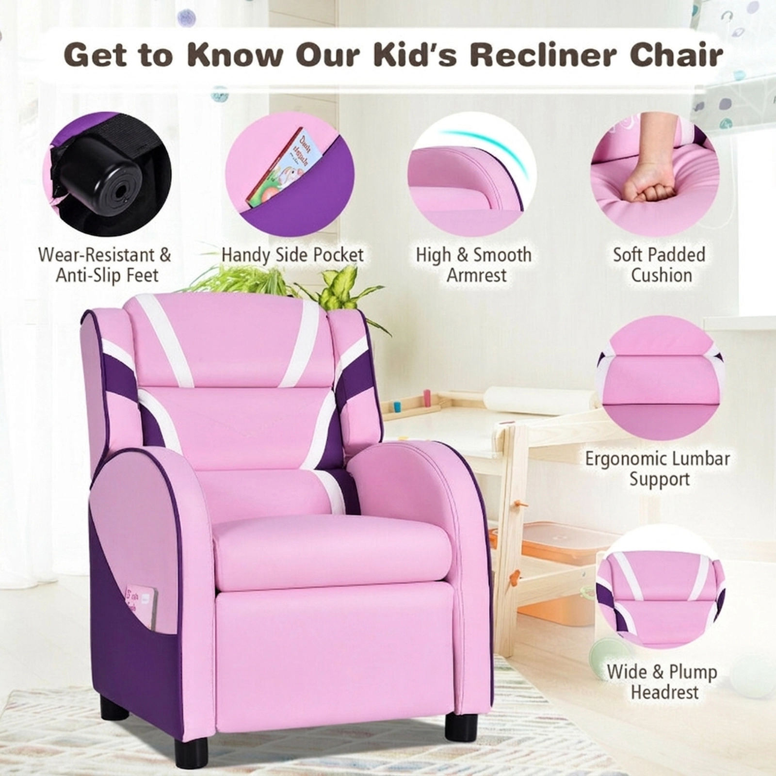 SUGIFT Pink Side Pockets and 150-Degree Recline Kids Leather Recliner Chair