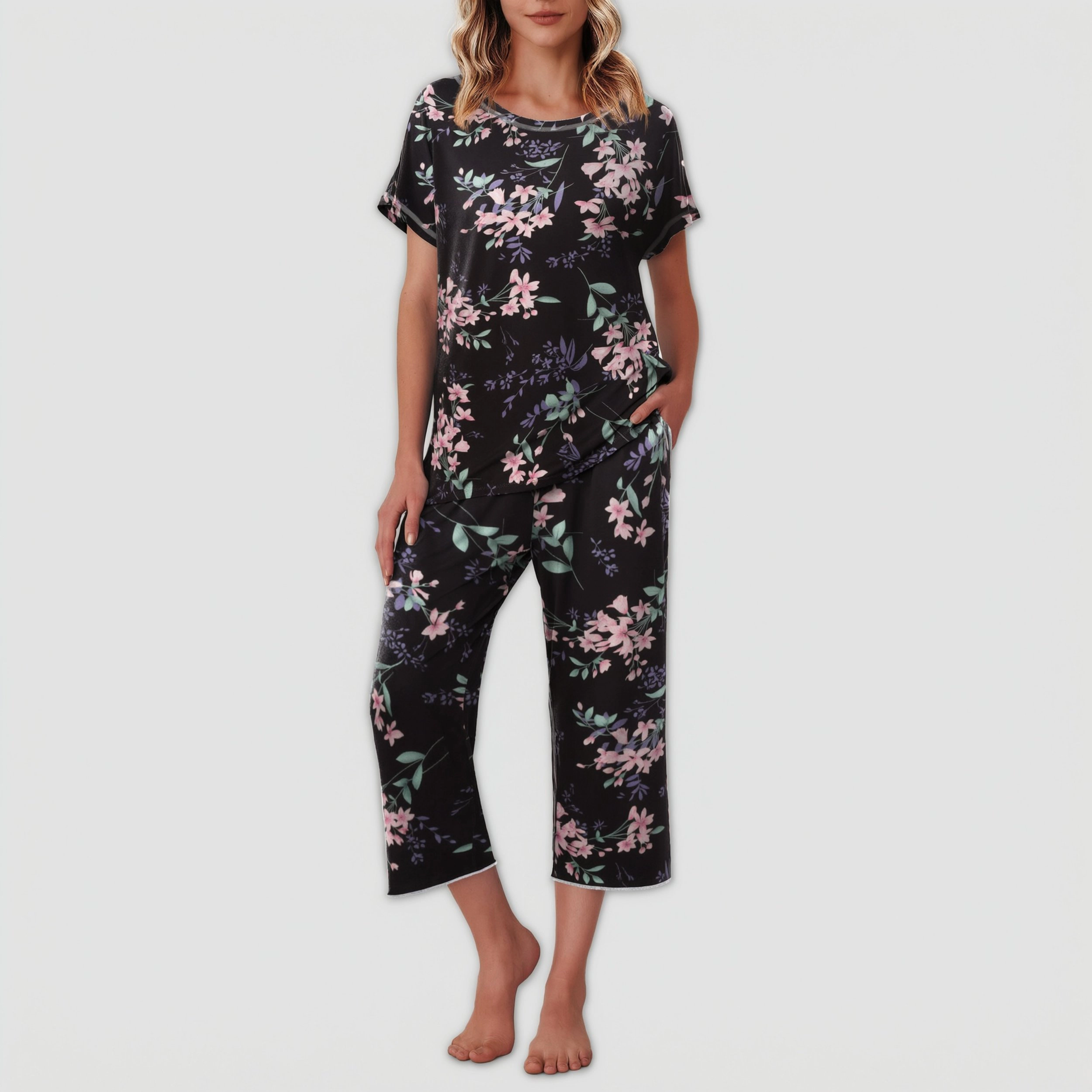 Ekouaer Womens Capri Pajama Sets Short Sleeve Sleepwear Top and Pants Loungewear with Pocket
