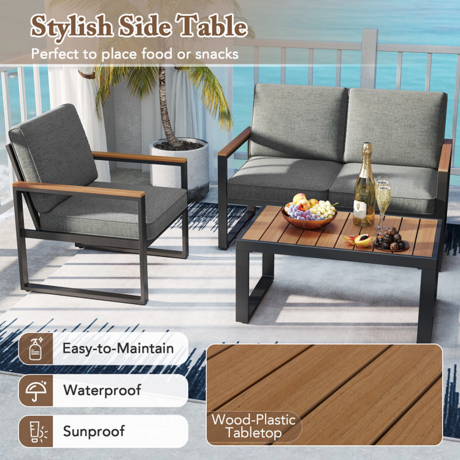 SUGIFT 4-Piece Gray Aluminum Patio Conversation Set with Loveseat, 2 Armchairs and Coffee Table