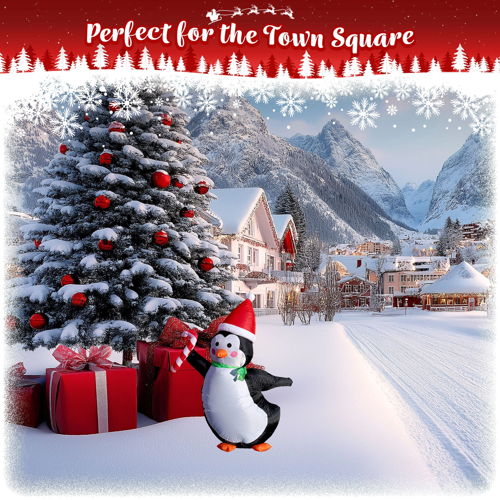 G128 4 ft Penguin Inflatable with Candy Cane and LEDs, Quick Inflate, Weather-Resistant Outdoor