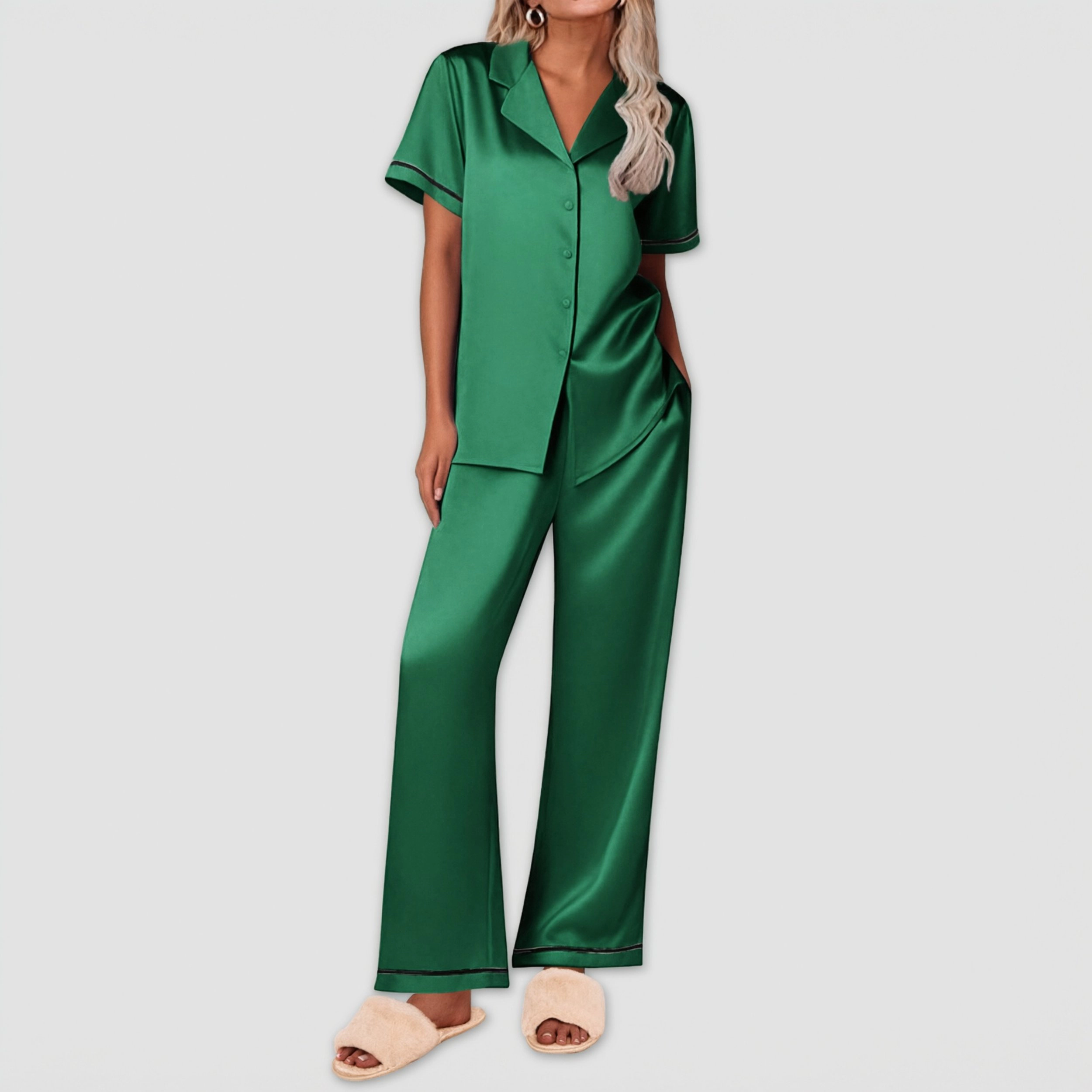 Ekouaer Women's Silk Pajamas Set Short Sleeve Pjs 2 Piece Soft Loungewear with Pants Button