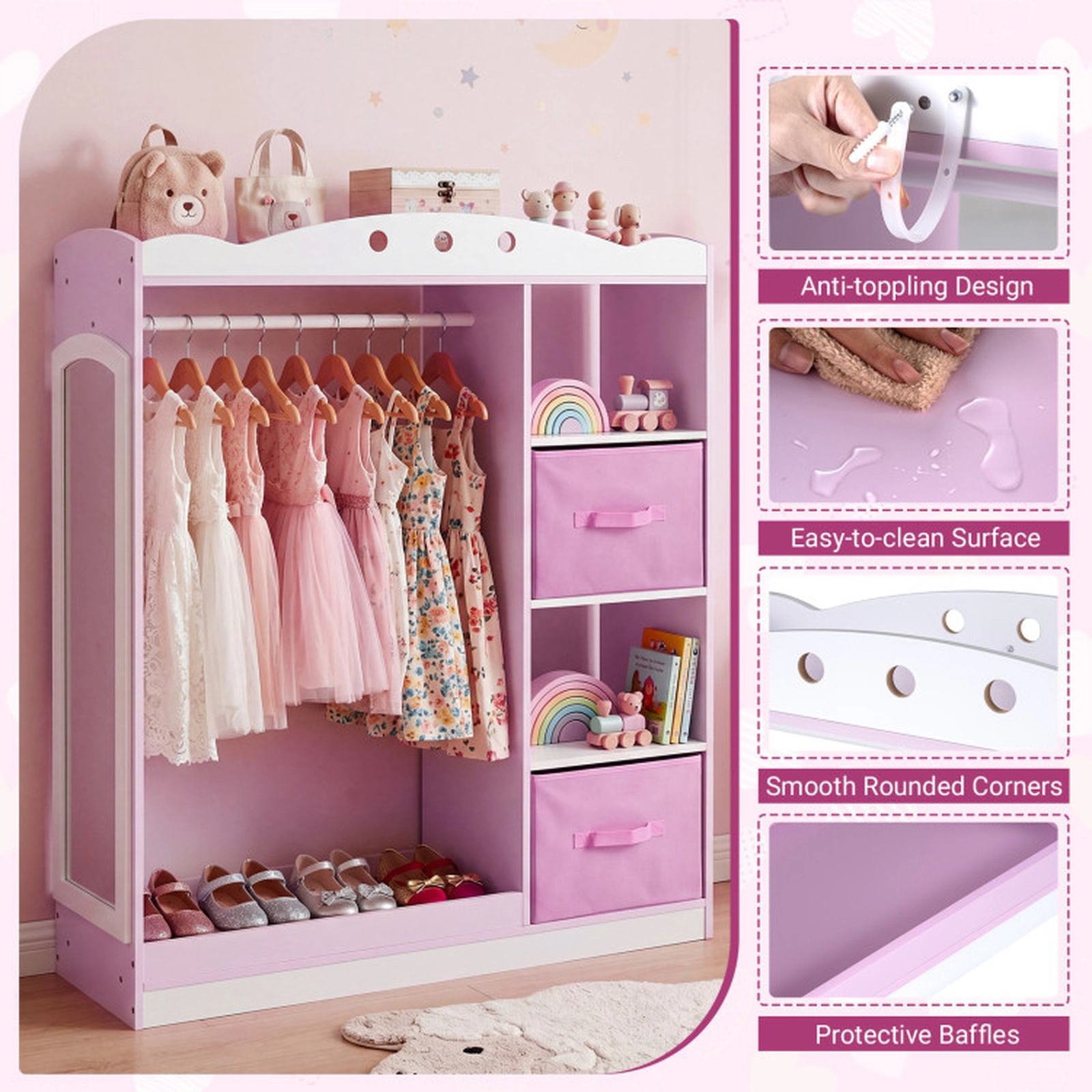 SUGIFT 44-in Pink Kids Dress Up Storage and Clothing Rack with Full Length Acrylic Mirror and 2 Fabric Drawers