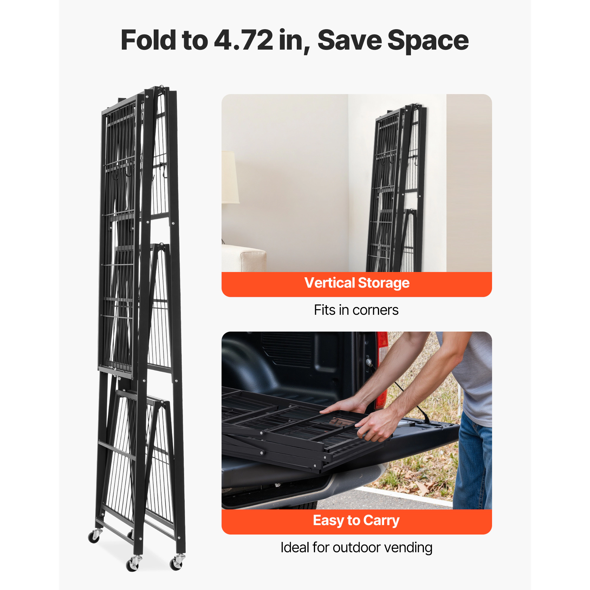 HONGGE Foldable Storage Shelf Folding Metal Rack Shelving Unit No Assembly Organizer Shelf with 5 Wheels & 4 Hooks for