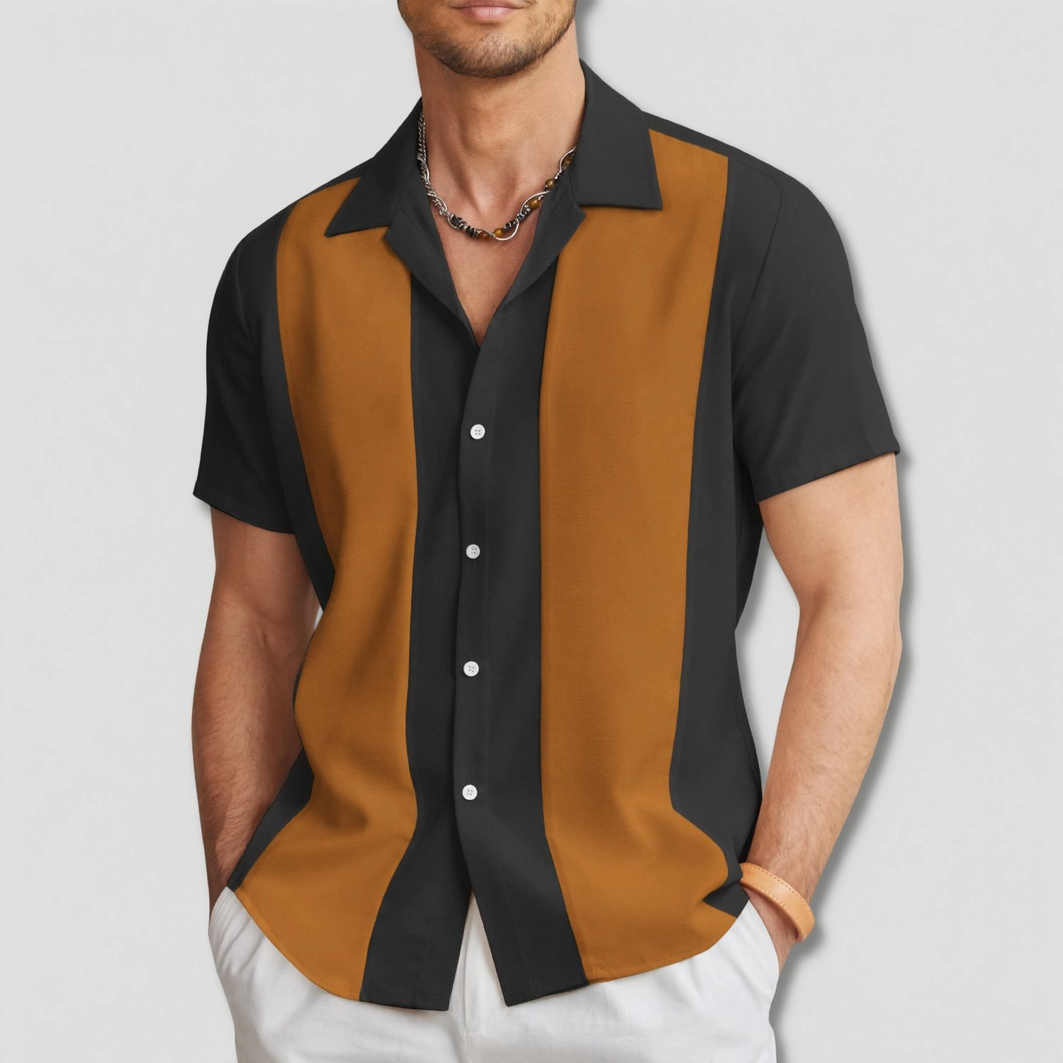 COOFANDY Mens Color Block Striped Short Sleeve Button Down Camp Collar Casual Shirt