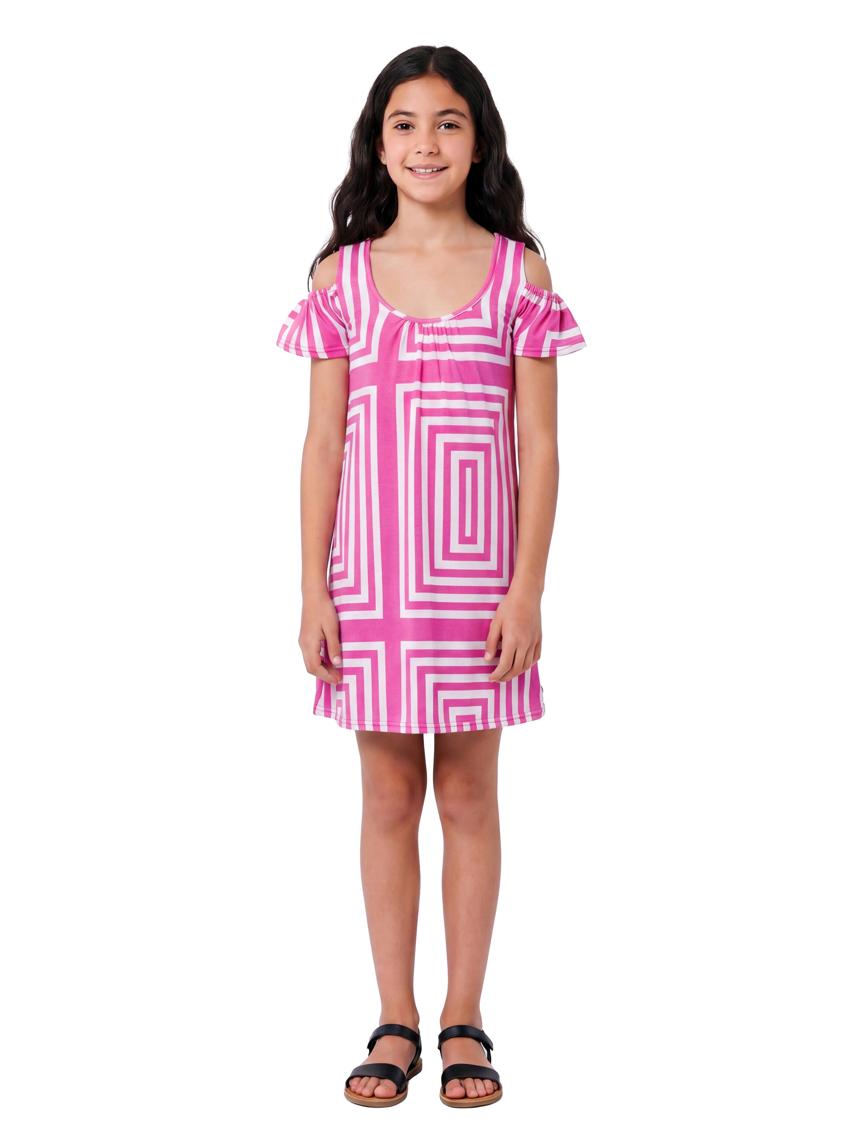24sevenKid Essential Girls Pink Print Cold Shoulder A Line Dress
