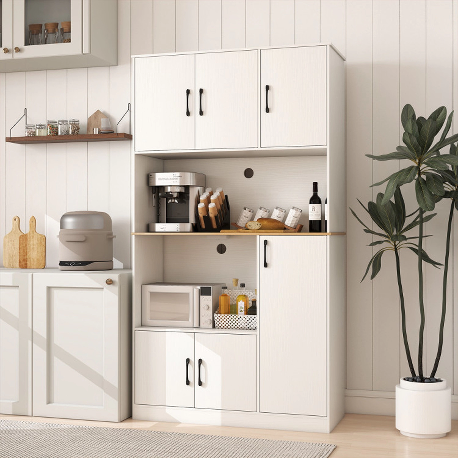 SUGIFT 71-in Tall 77-lb Countertop White Wooden Pantry Cabinet with Charging Station and Microwave Stand