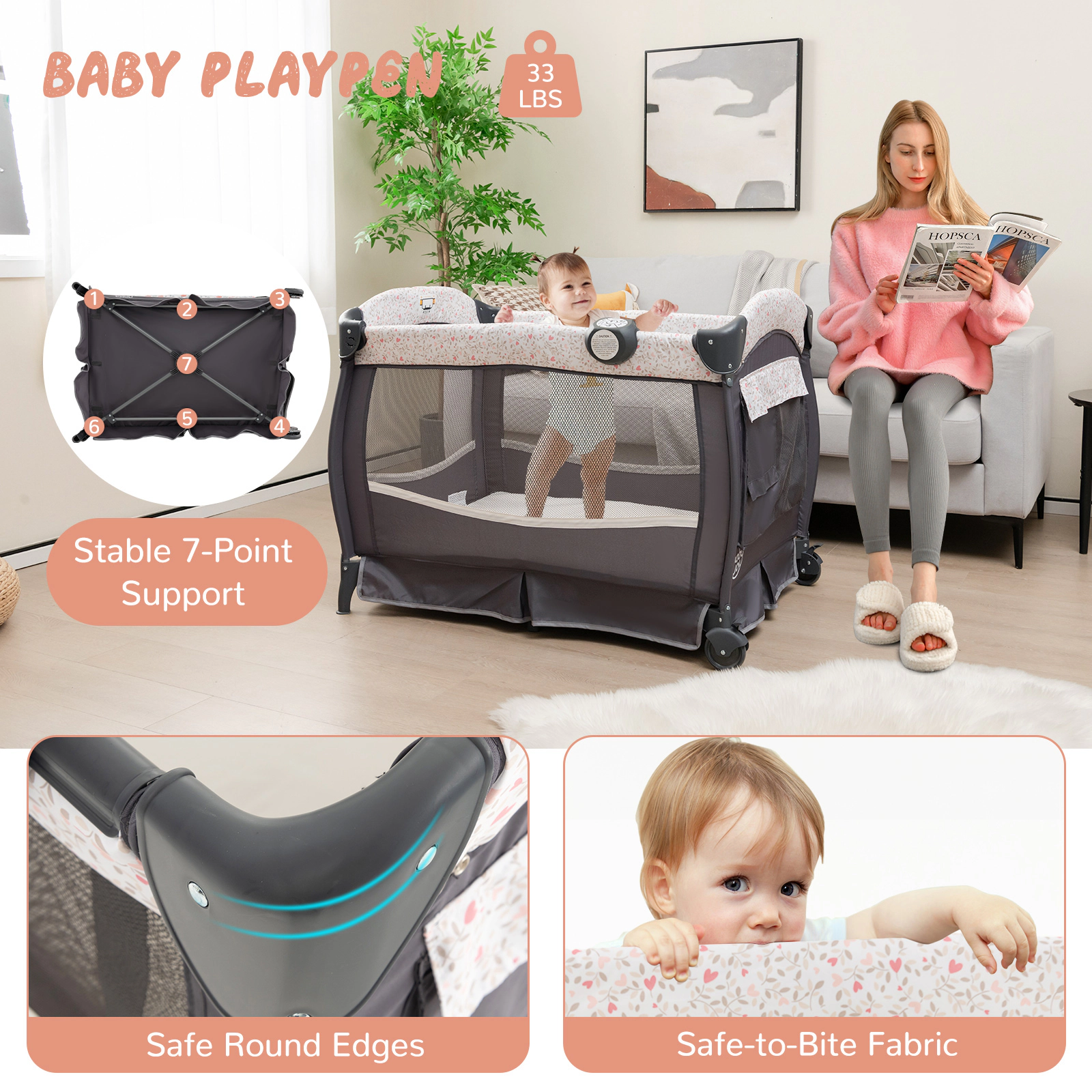 SUGIFT 4-in-1 Portable Pack and Play Baby Nursery Center with Bassinet 33-lb Capacity Ages 0-3 Years Black/Gray