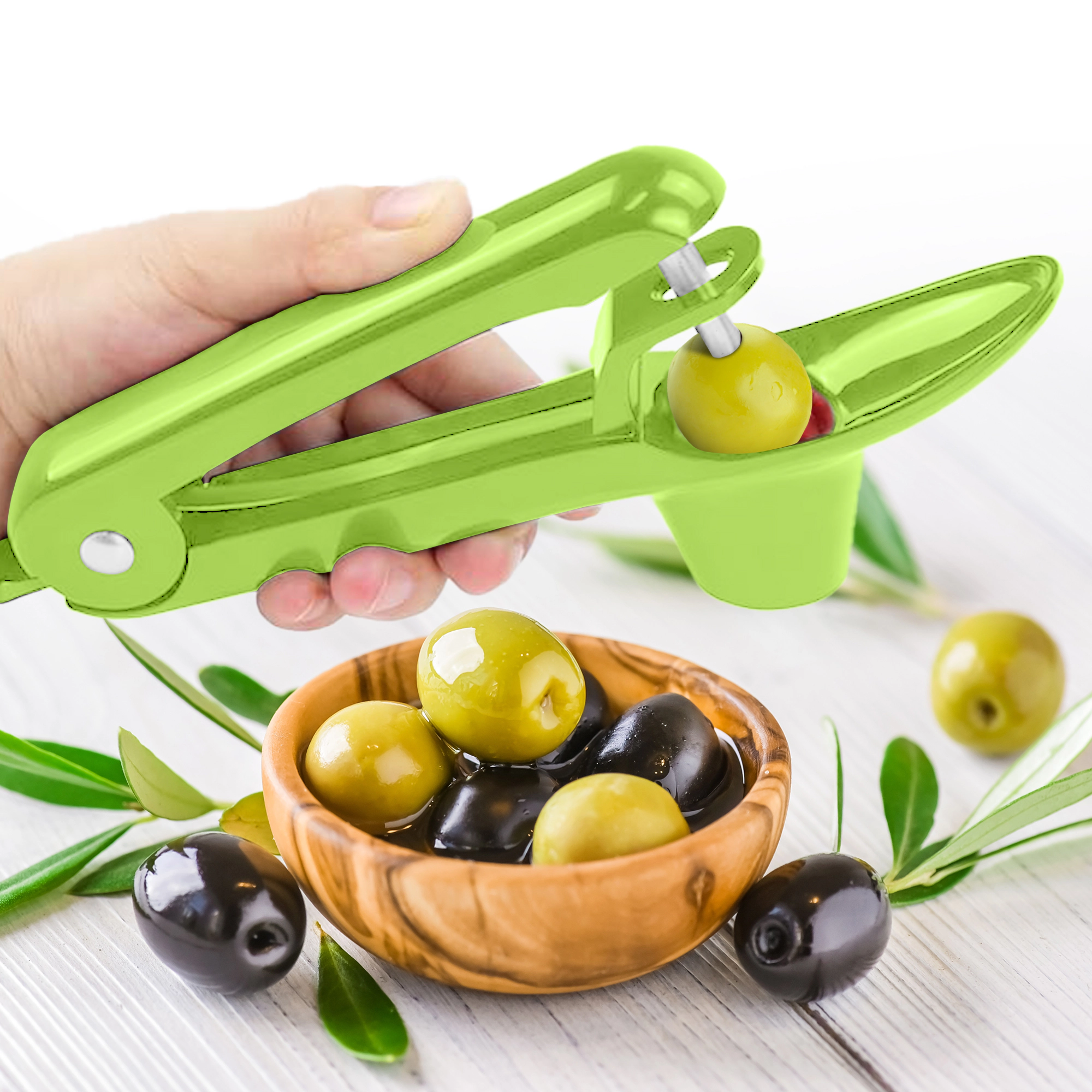 Cheer Collection Cherry and Olive Pitter with One-Handed Press, Splash Guard and Locking Handle