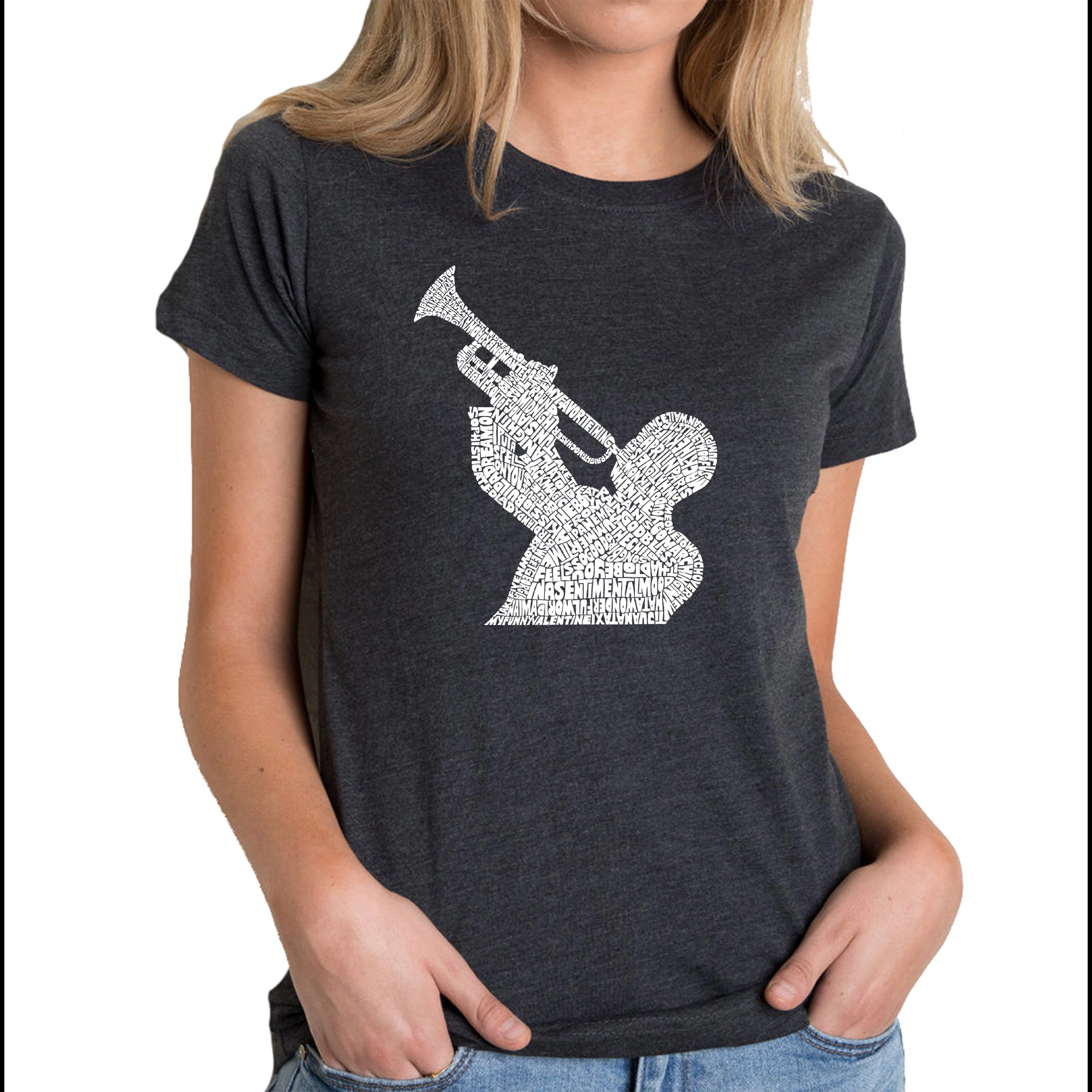 LA Pop Art Women's Cotton/Poly Blend Word TShirt - All Time Jazz Songs