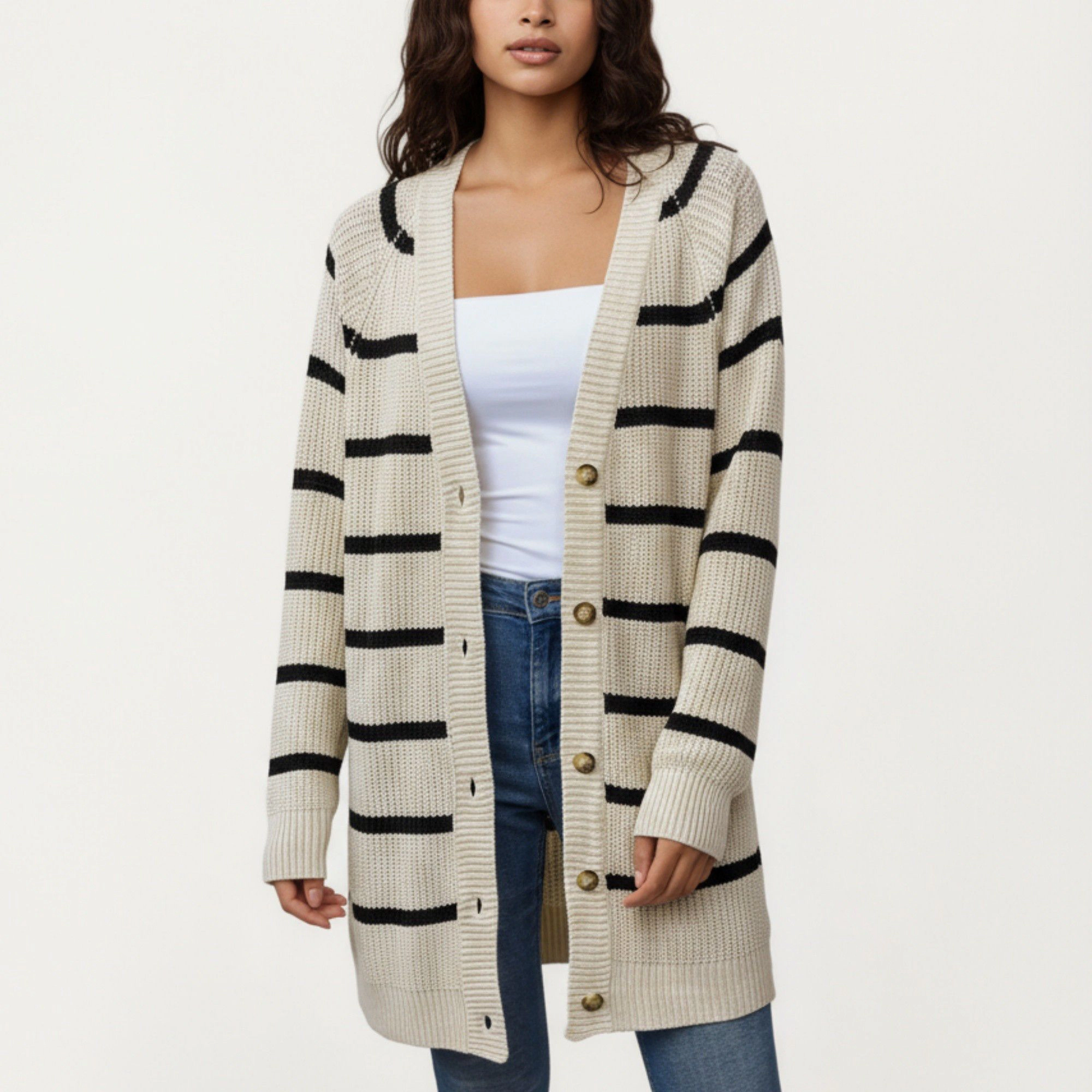 Anna-Kaci Women's Long Sleeve Striped Knit Cardigan with Button Front and Ribbed Trim