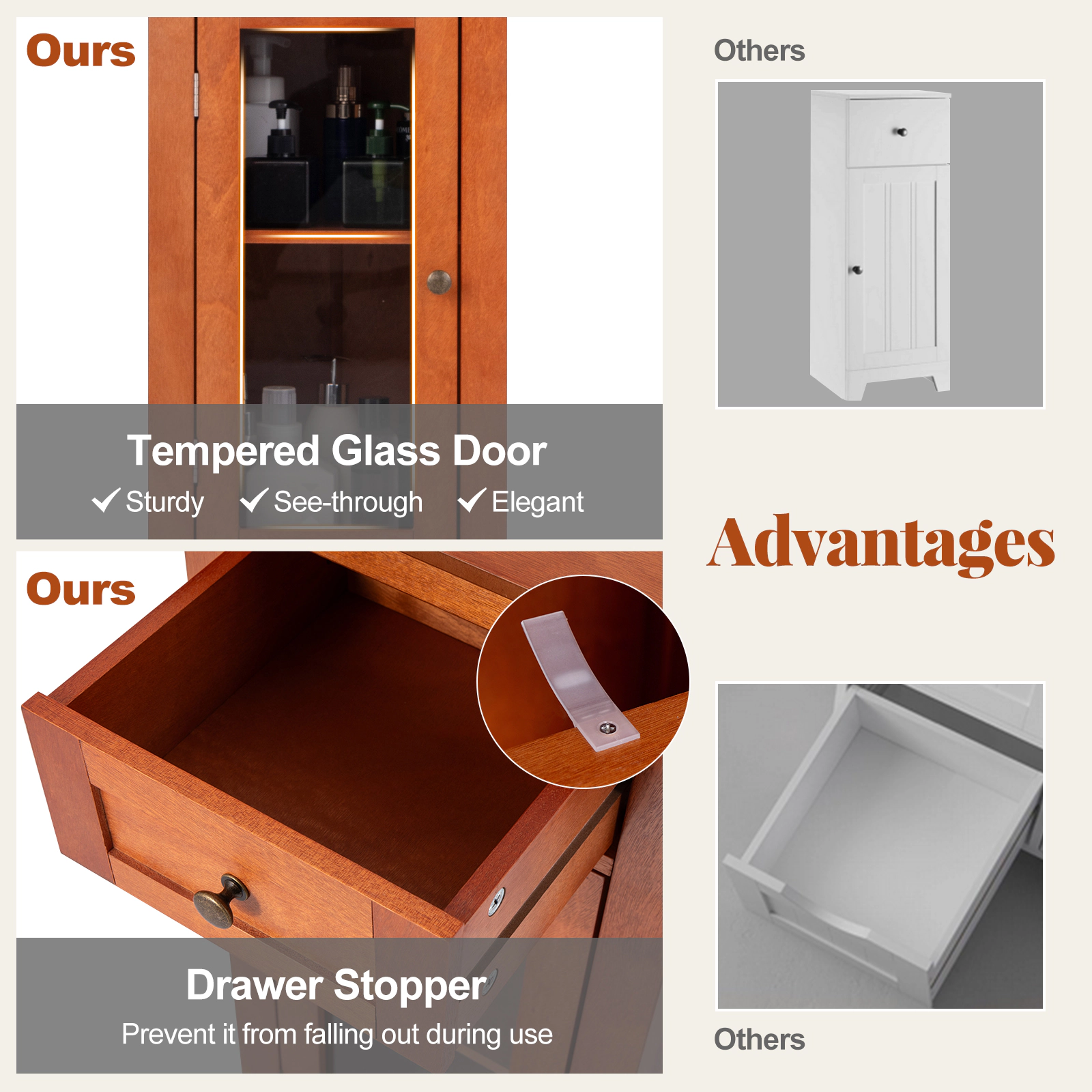 Slickblue Bathroom Floor Storage Cabinet Brown MDF Glass Door Drawer Adjustable Shelf