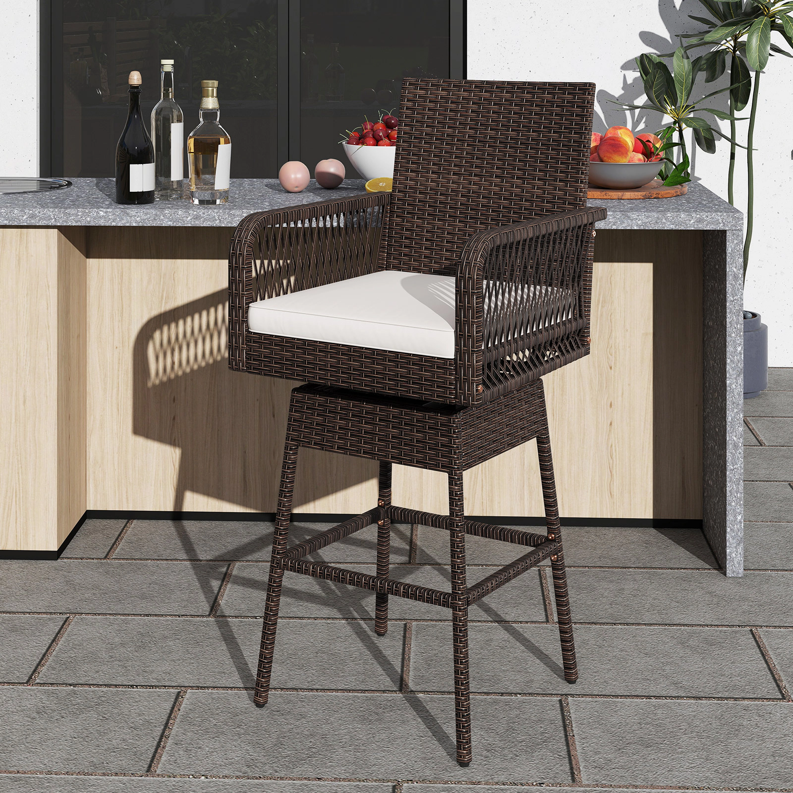 LJG 29 Inches Patio 360° Swivel Bar Stool with Cross-Woven Armrests and Seat Cushion