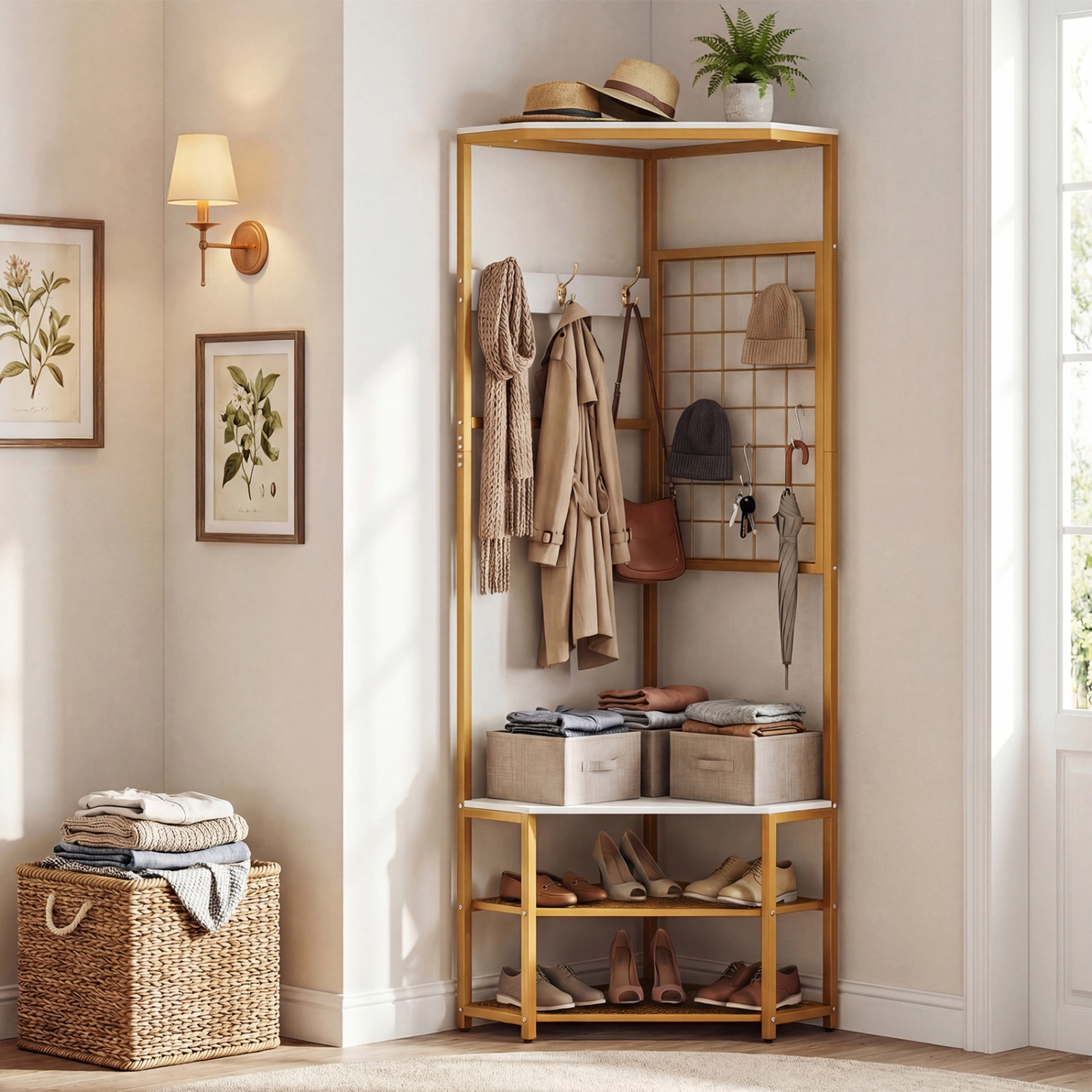 SUGIFT Right-Angle Corner Hall Tree Freestanding Coat Rack with Storage Shelves & Removable Hooks 220-lb Capacity White