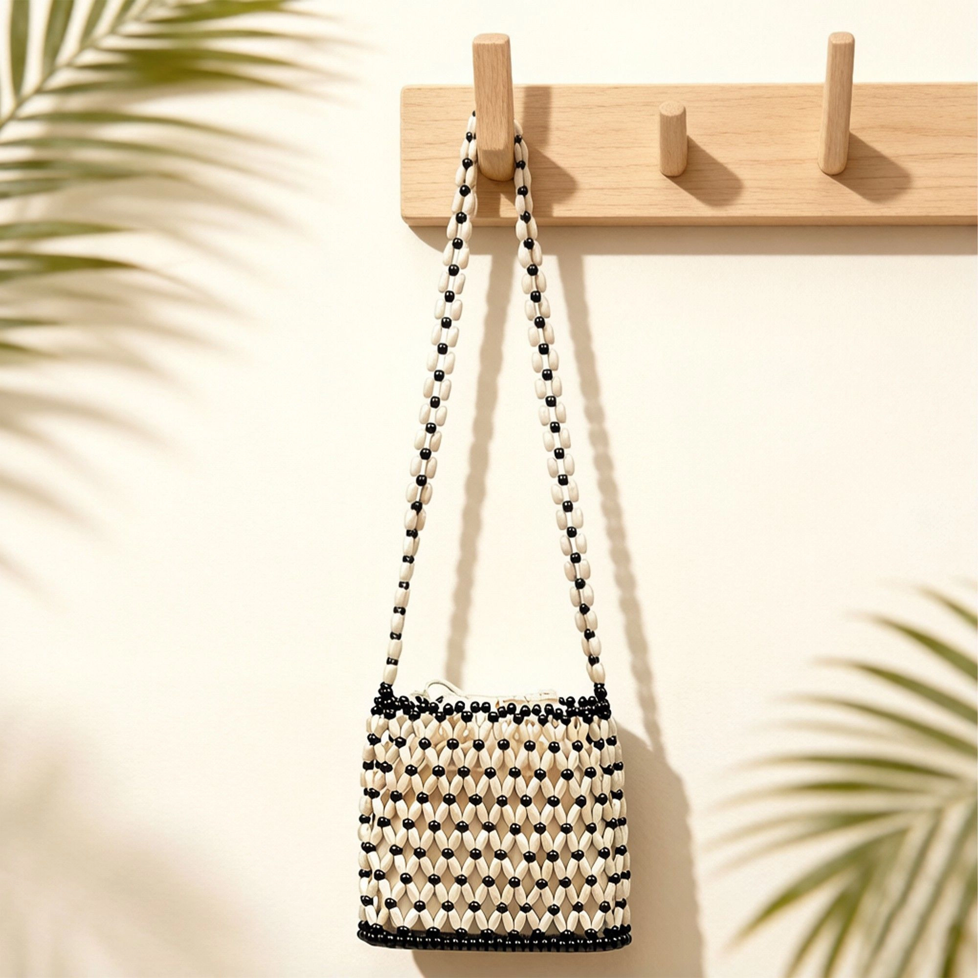 Alilang Women's Beaded Crossbody Mini Bag with Long Strap Open Weave Wooden Bead Shoulder Purse Small Handbag