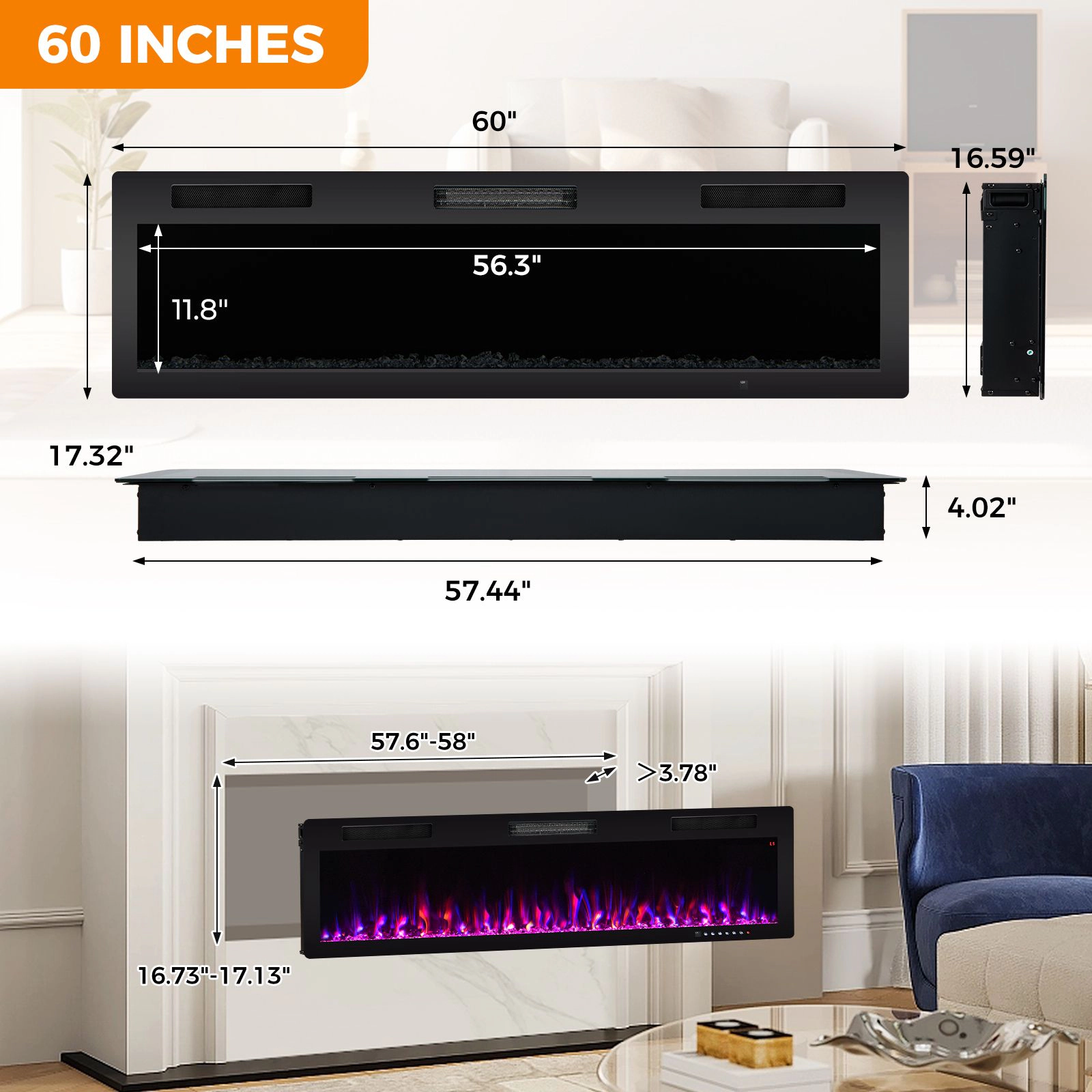 SlickBlue Linear Electric Fireplace Heater, 40/50/60 Inch Recessed or Wall Mounted, 5100 BTU