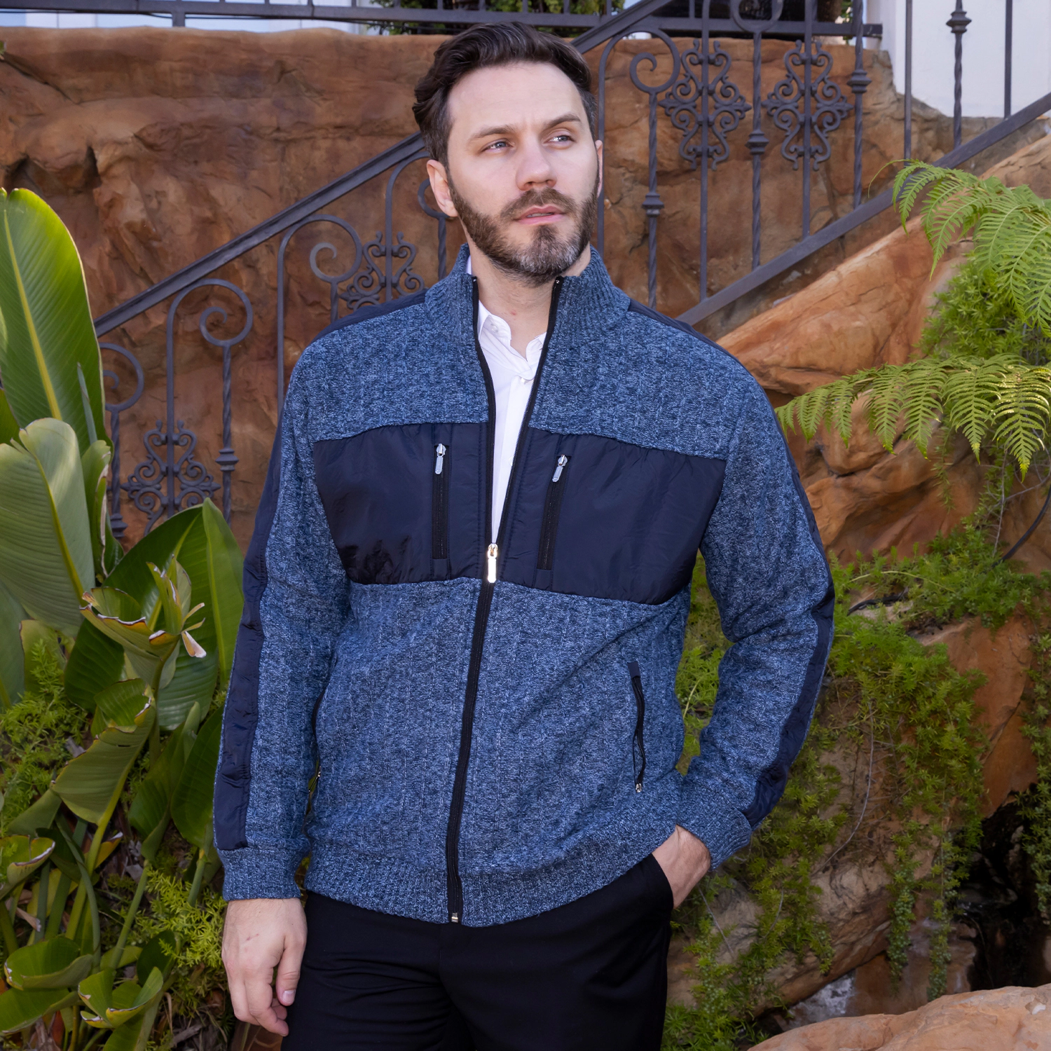 Gioberti Men's Full Zip Cardigan Patch Design Sweater with Flannel Lining