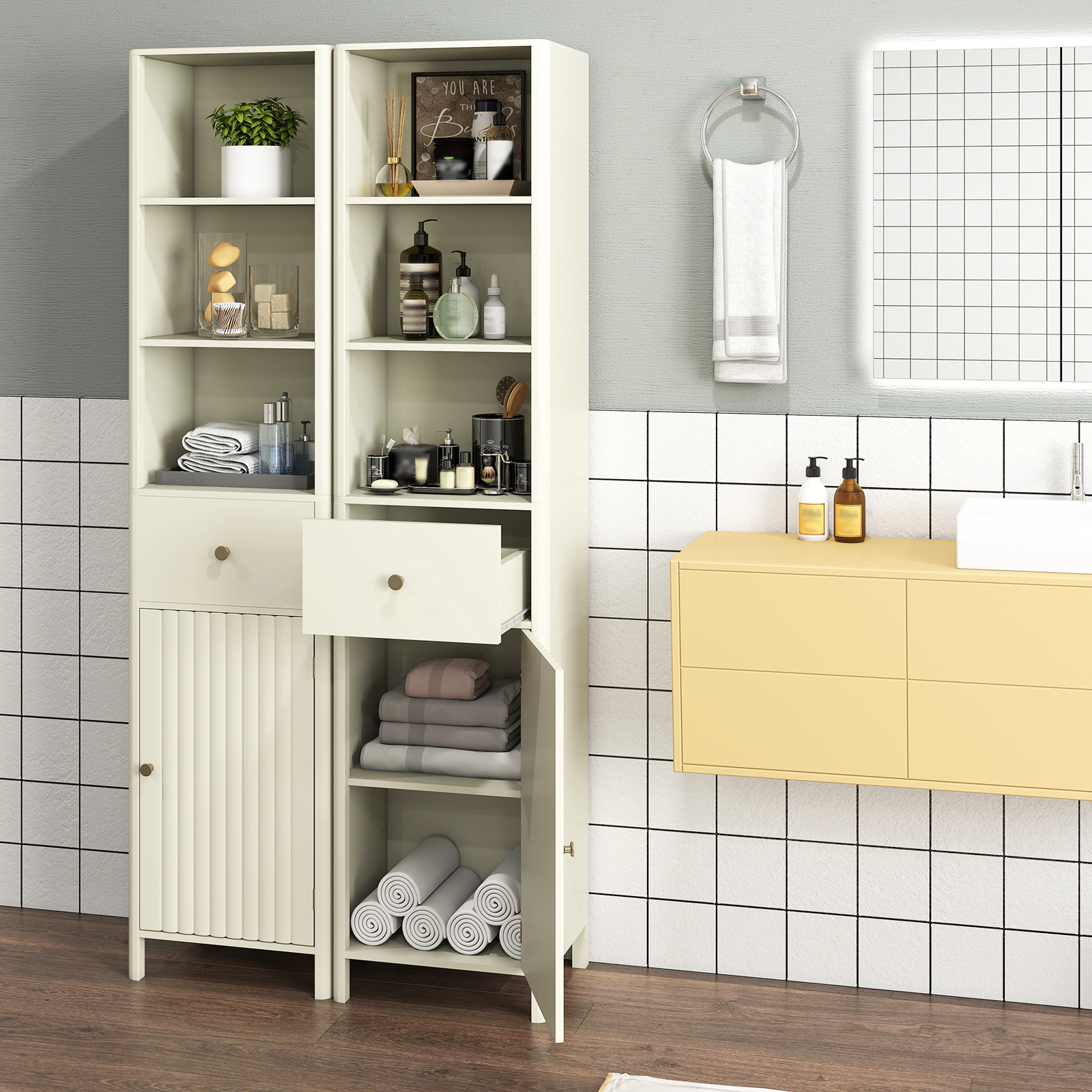 Glintex 67-Inch Narrow Bathroom Cabinet with Fluted Door and Pull-Out Drawer, Beige