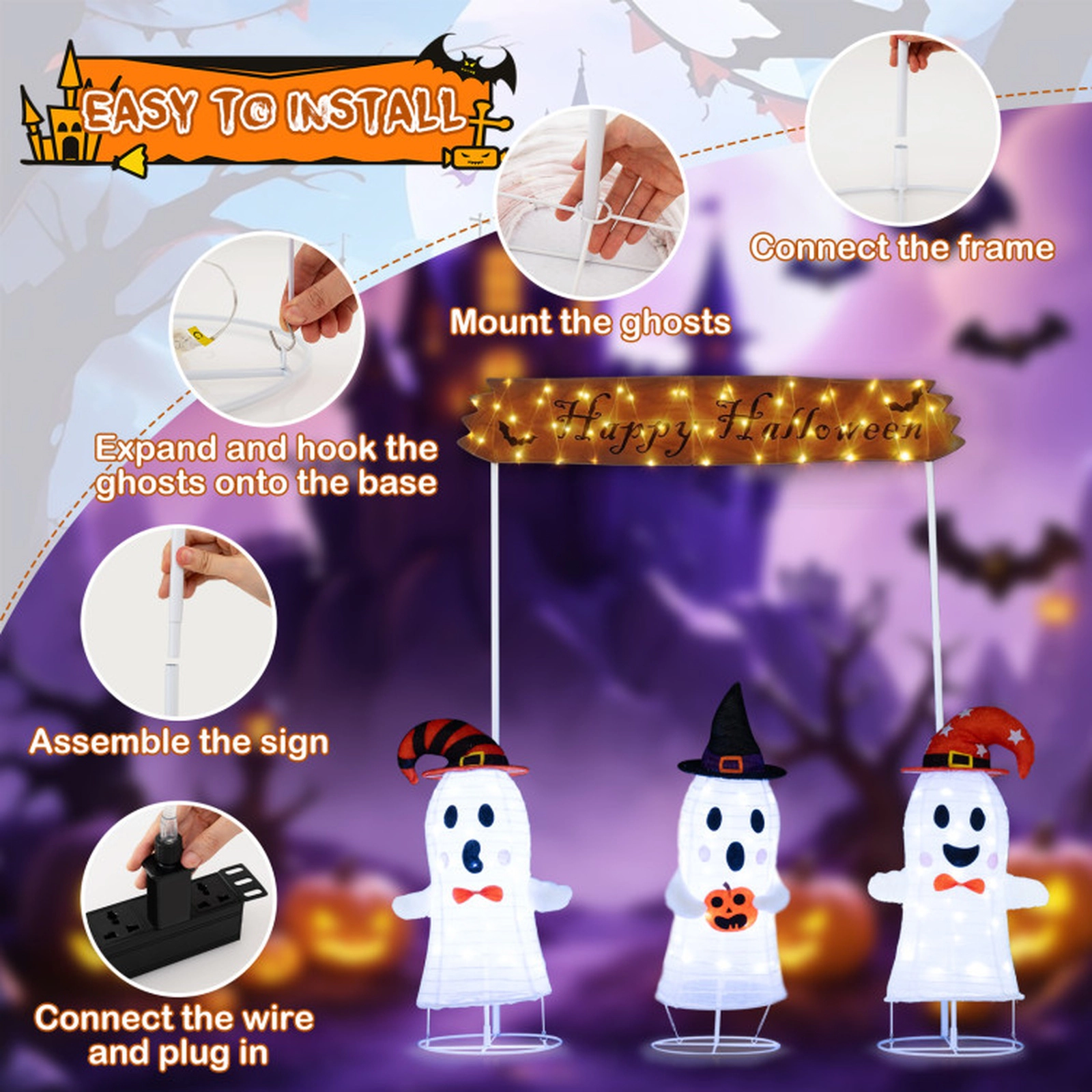 SUGIFT 4-Piece Halloween Pop Up Ghost Decoration Set with Gate Sign 170 LED Lights and 12 Ground Stakes