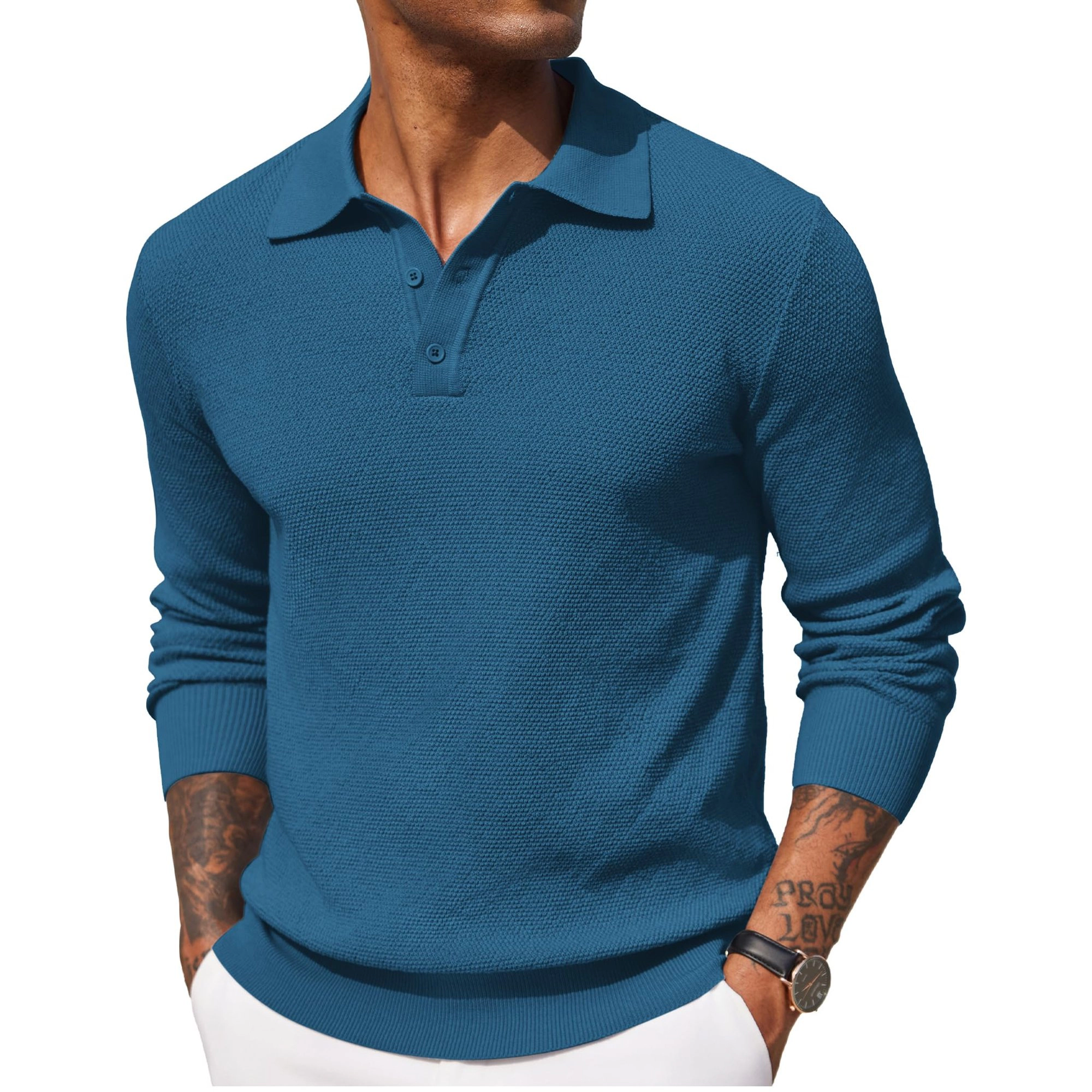 COOFANDY Casual Long Sleeve Polo Sweater Fall Henley Neck Button Pullover Tops