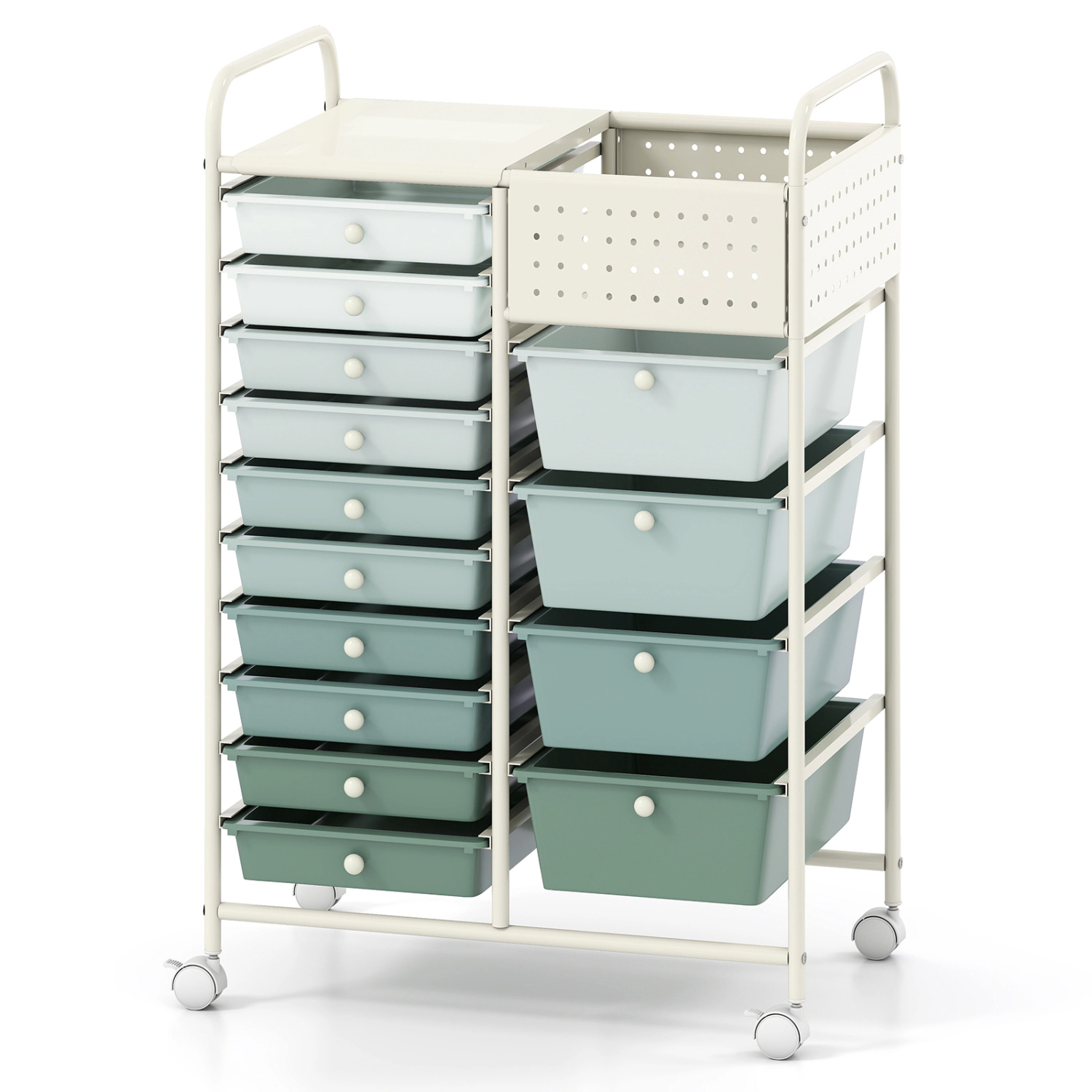 SUGIFT Metal Tabletop and Pegboard Panels 14-Drawer Rolling Storage Cart