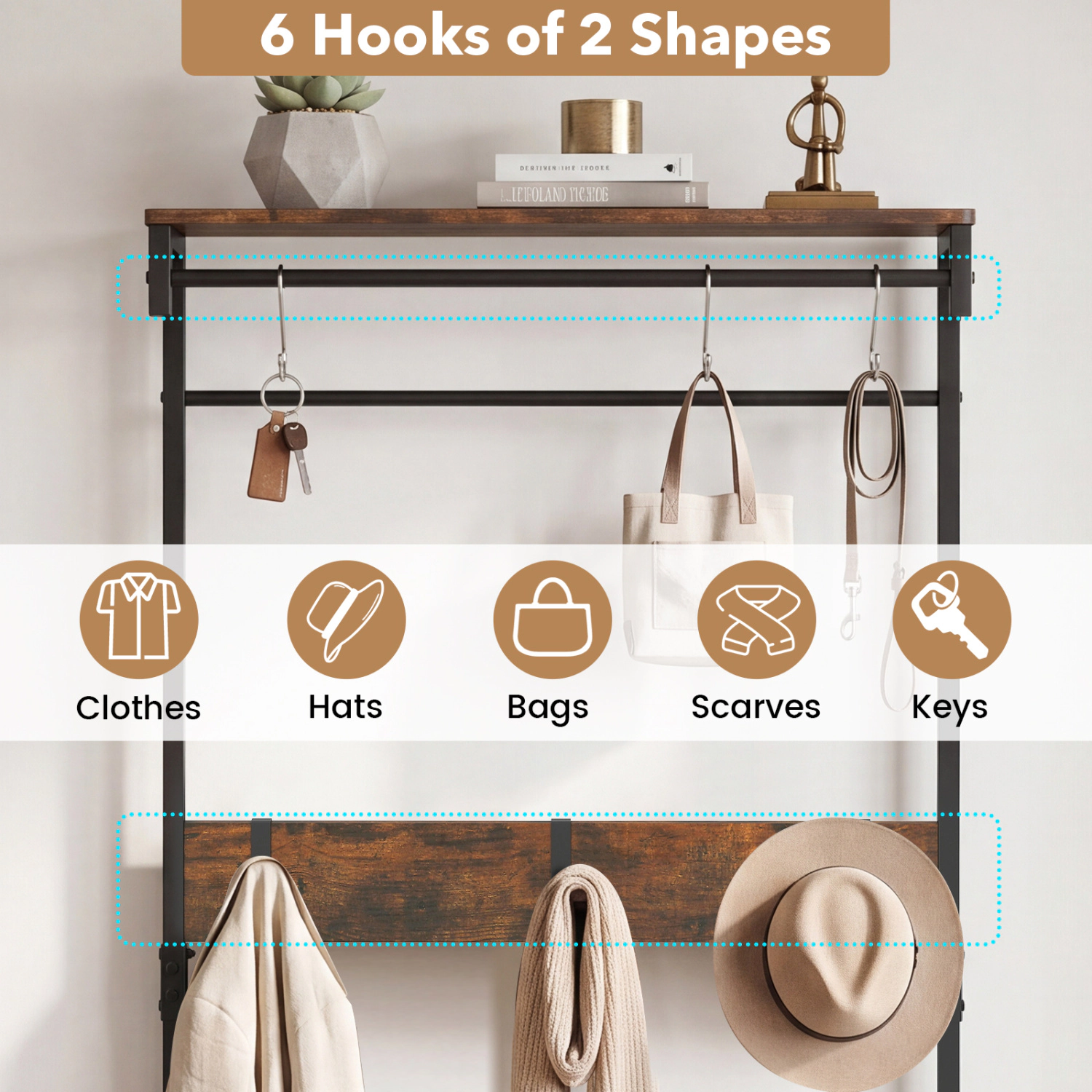 SUGIFT 4-in-1 Hall Tree Coat Rack with Shoe Bench and Removable Hooks 220-lb Bench Capacity Rustic Brown + Black