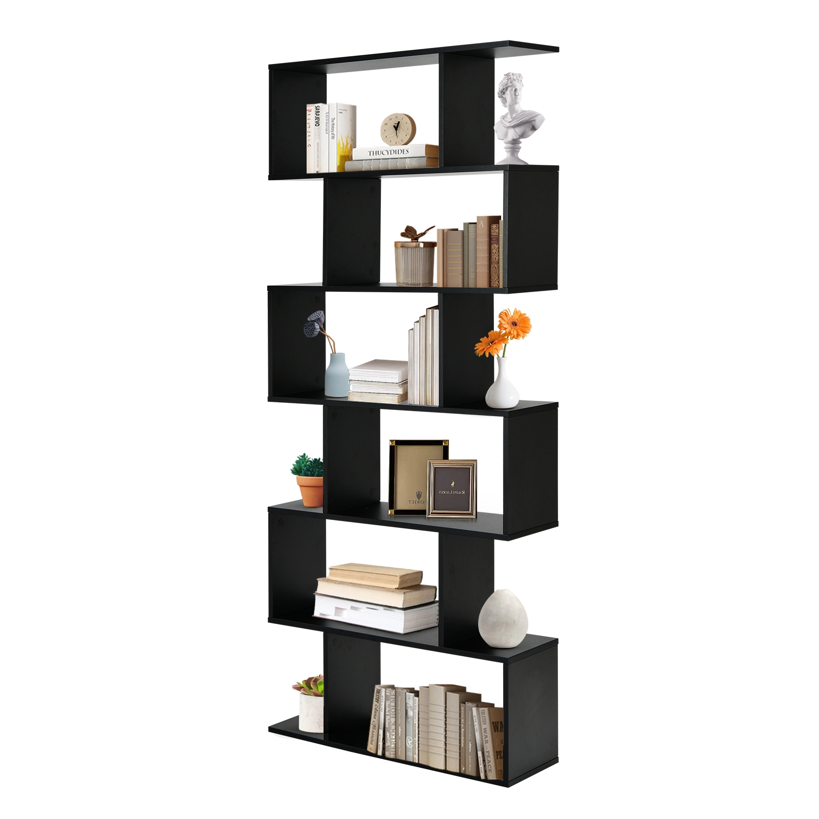 SUGIFT Black 6-Tier S-Shaped Bookshelf 75 in Tall Z-Shelf Display Bookcase