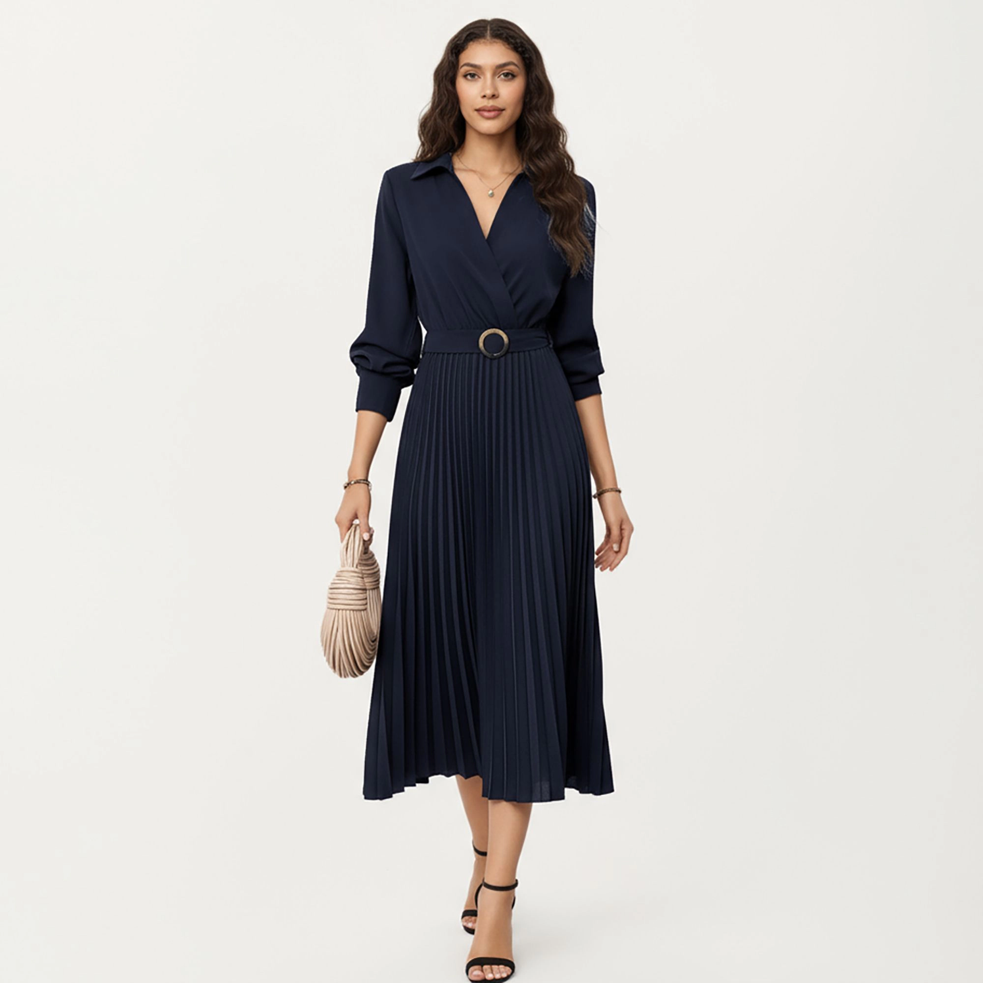 Anna-Kaci Women's Long Sleeve Pleated Skirt Structured Wrap Front Collar Detail Belted Waist Dress